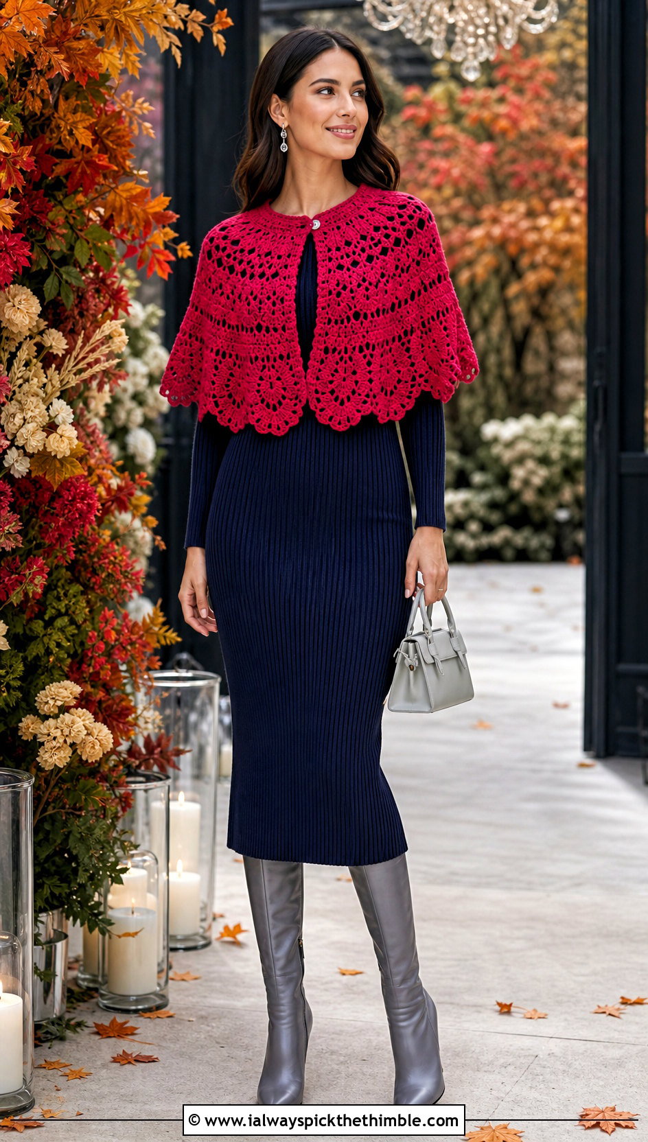 Short Crochet Capelet Poncho With Knit Dress - 20 crochet poncho for women outfit ideas