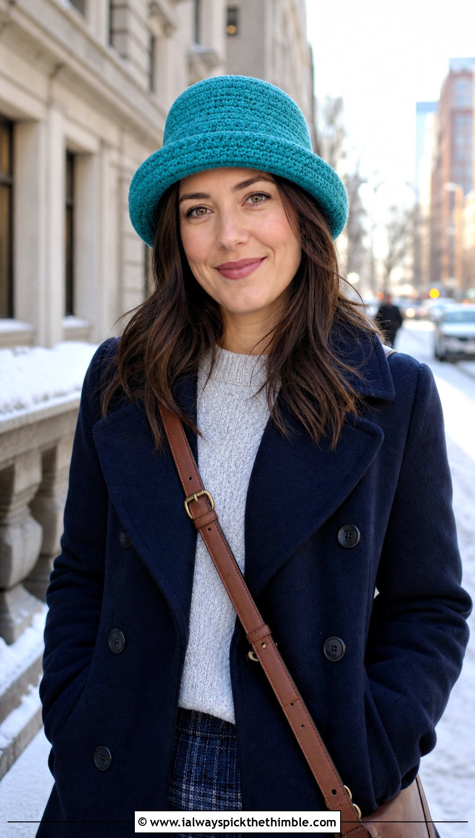 Short Crown Crochet Pilgrim Hat With Peacoat And Plaid Trousers - 20 Crochet Pilgrim Hat outfit ideas