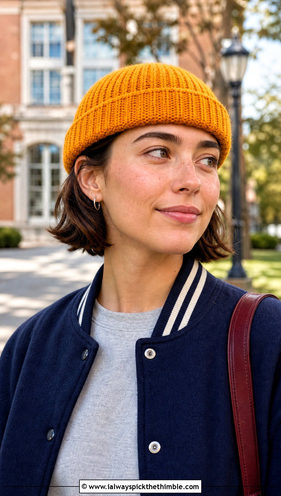 Short Cuff Crochet Ribbed Beanie With Varsity Jacket - 25 crochet ribbed beanie outfit ideas