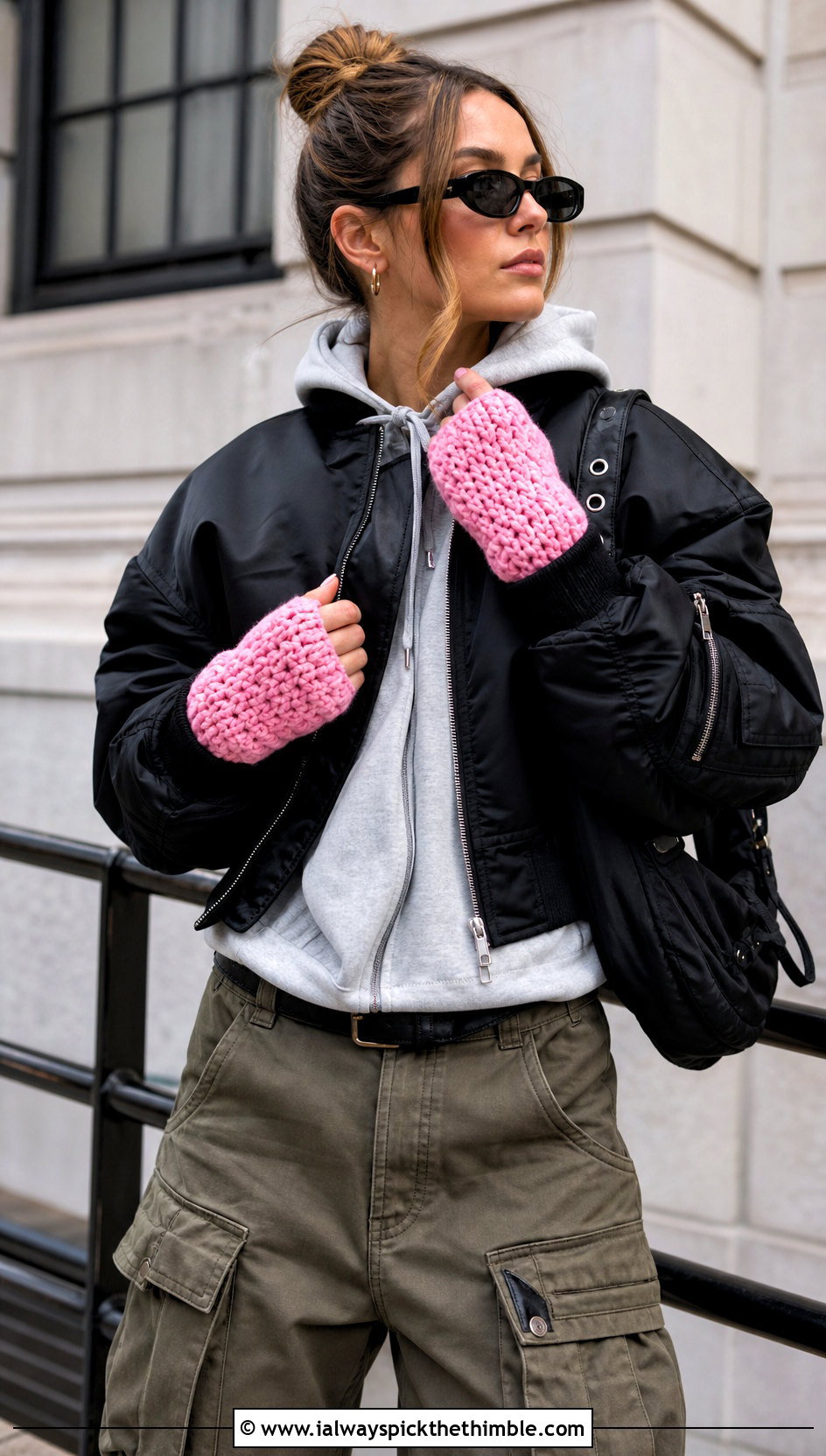 Short Cuff Puff Stitch Fingerless Gloves With Hoodie And Cargo Pants - 15 Crochet Puff Stitch Fingerless Gloves outfit ideas