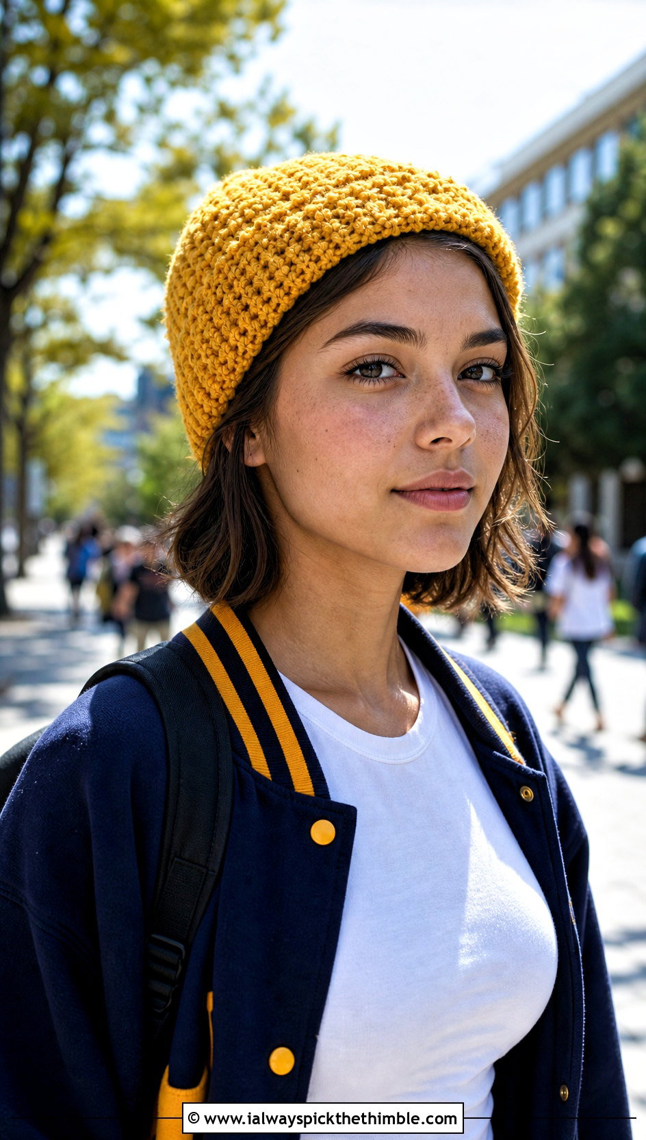 Short Cuff Single Crochet Beanie With Varsity Jacket And Denim - 25 single crochet beanie outfit ideas