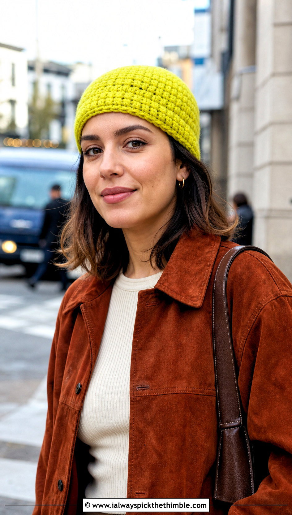 Short Fisherman Crochet Beanie With Suede Jacket And Barrel Jeans - 15 Crochet Lightweight Beanie outfit ideas