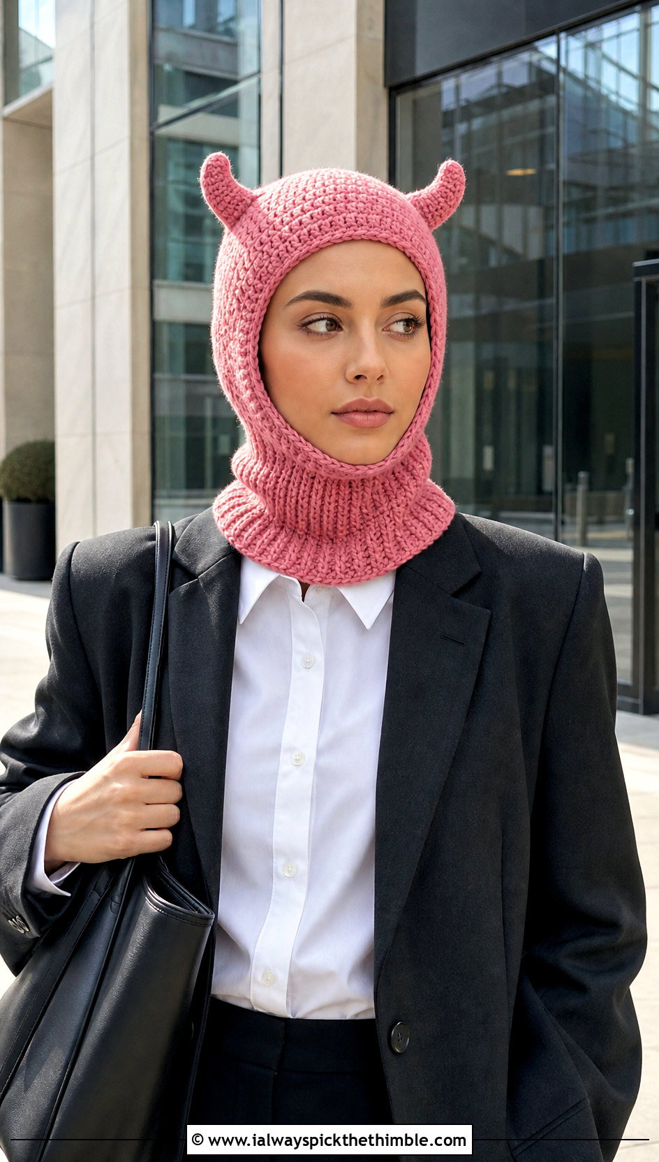 Short Horn Crochet Devil Horn Balaclava With Tailored Blazer - 20 crochet devil horn balaclava outfit ideas