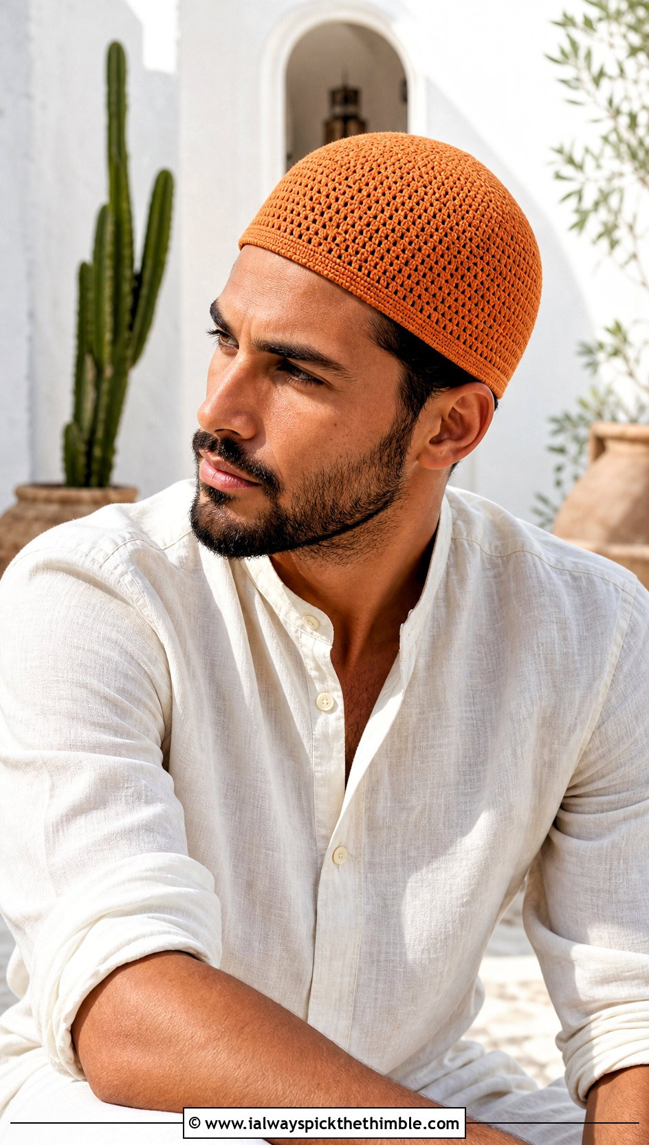 Short Kufi Crochet Skull Cap With Linen Shirt - 20 Crochet Skull Cap For Men outfit ideas