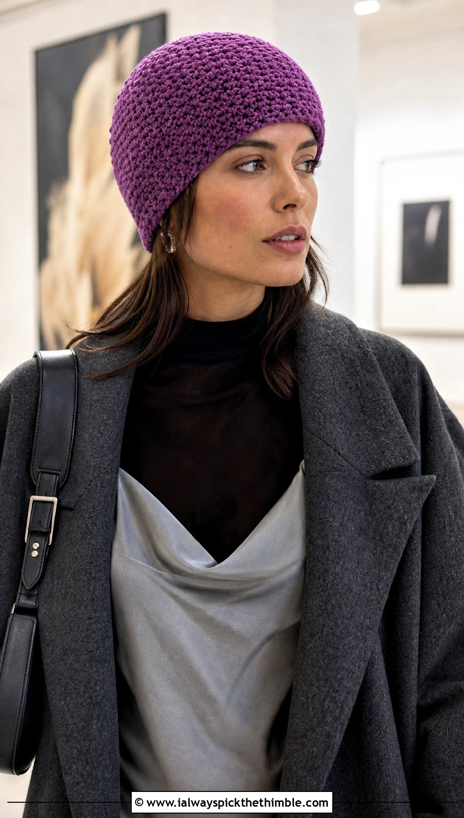 Short Moss Stitch Crochet Beanie With Slip Dress And Oversized Coat - 20 Moss Stitch Crochet Hat outfit ideas