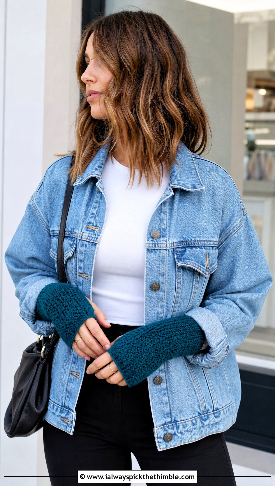 Short Moss Stitch Wrist Warmers With Denim Jacket - 15 Crochet Moss Stitch Fingerless Gloves outfit ideas