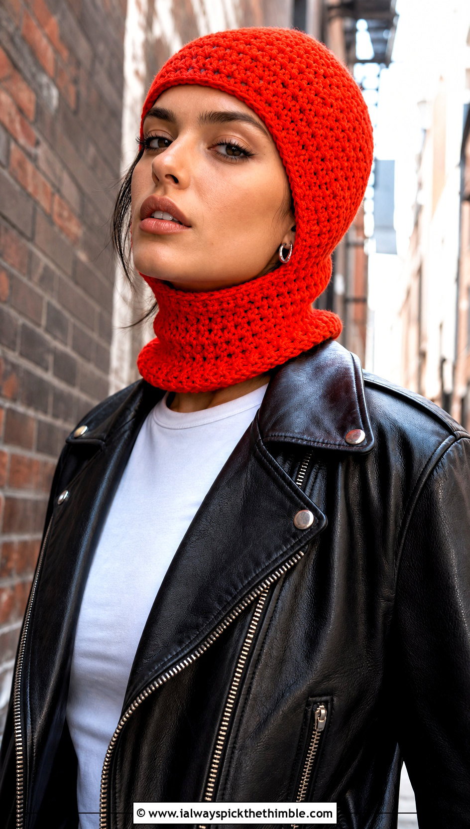 Short Neck Crochet Balaclava With Moto Jacket - 25 crochet baclava hat outfit ideas