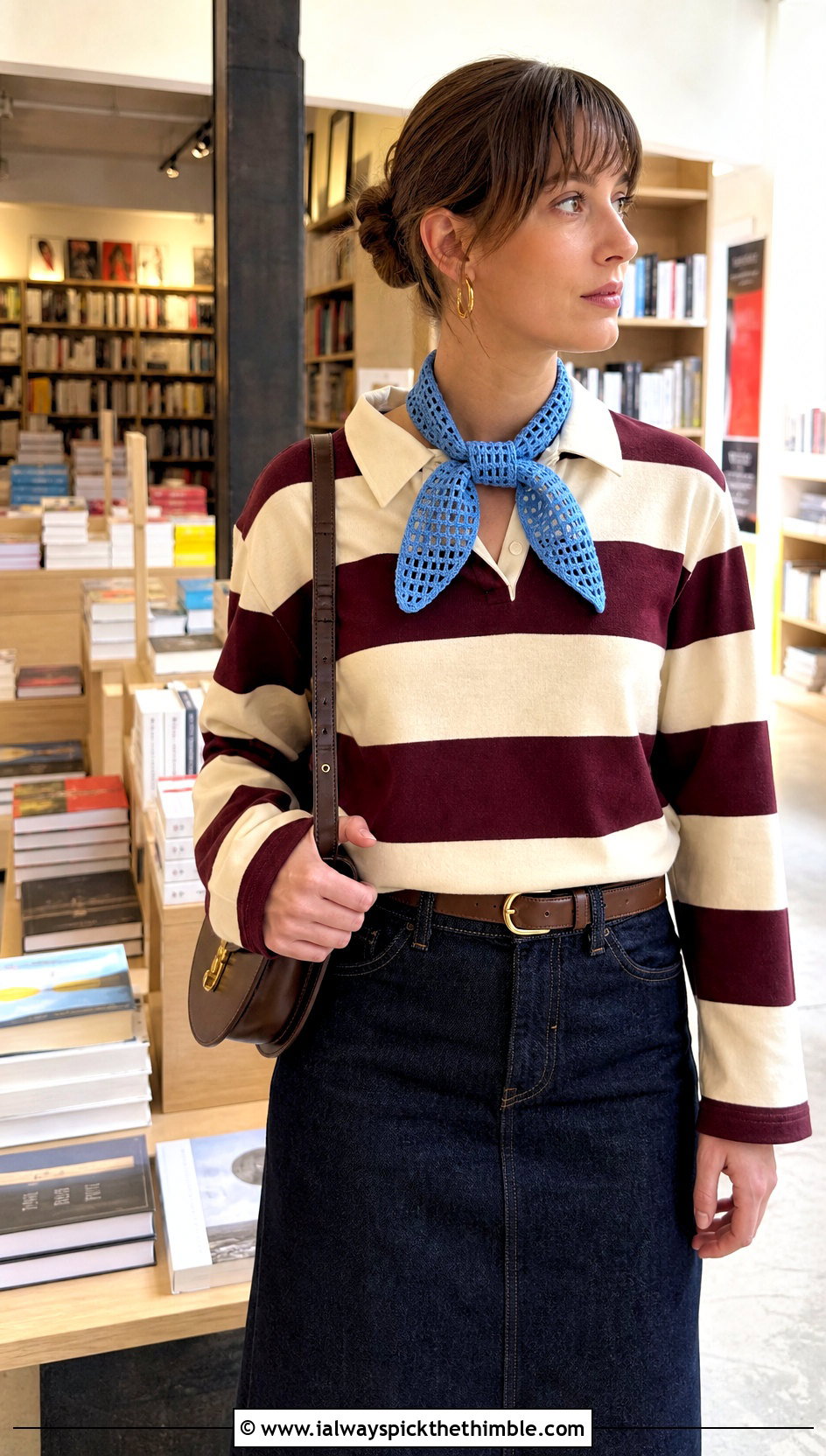 Short Neck Tie Crochet Windowpane Scarf With Rugby Shirt - 15 crochet windowpane scarf outfit ideas