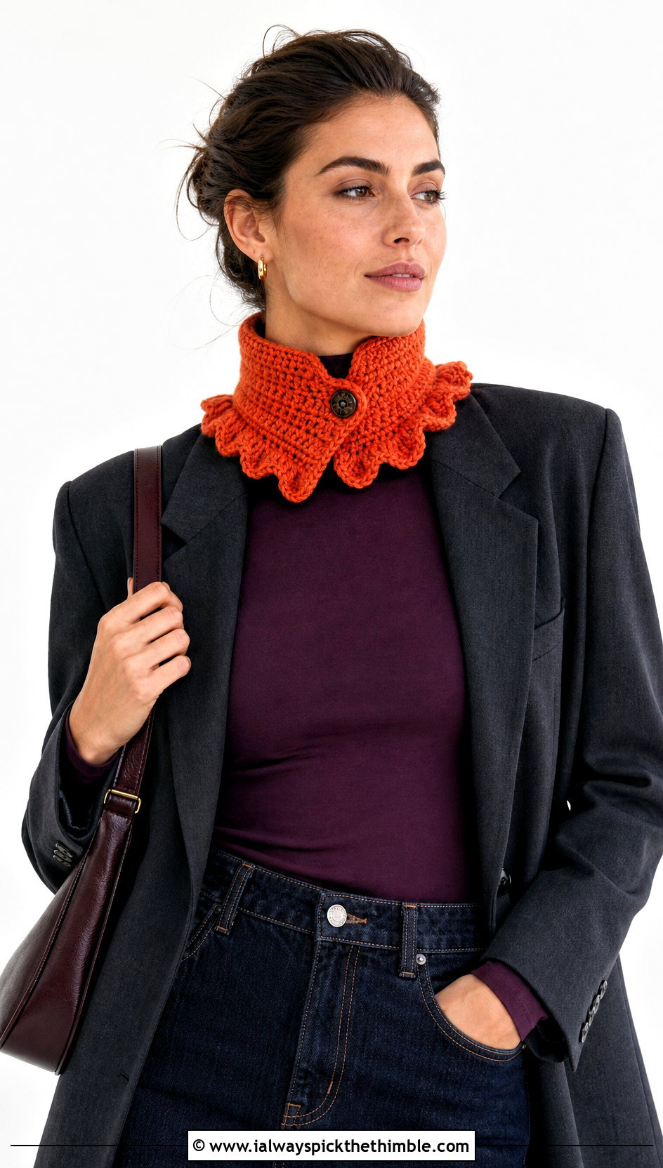 Short Neck Warmer Crochet Ruffle Scarf With Blazer And Denim Skirt - 20 crochet ruffle scarf outfit ideas