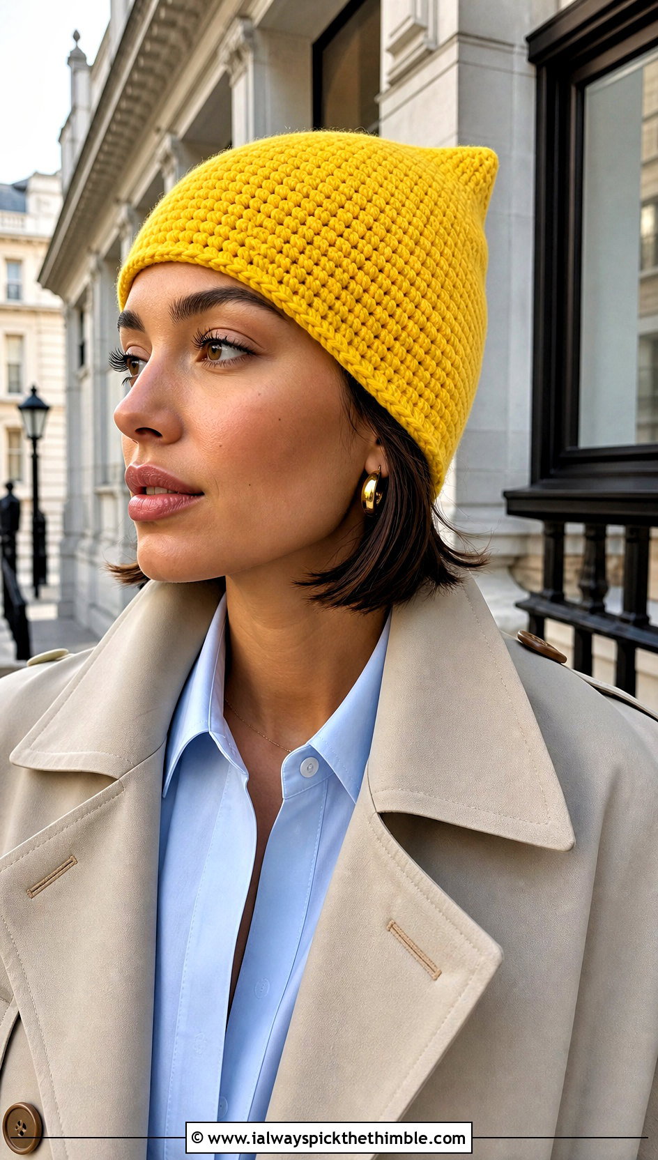 Short Point Crochet Beanie With Trench Coat - 20 Crochet Pointed Hat outfit ideas