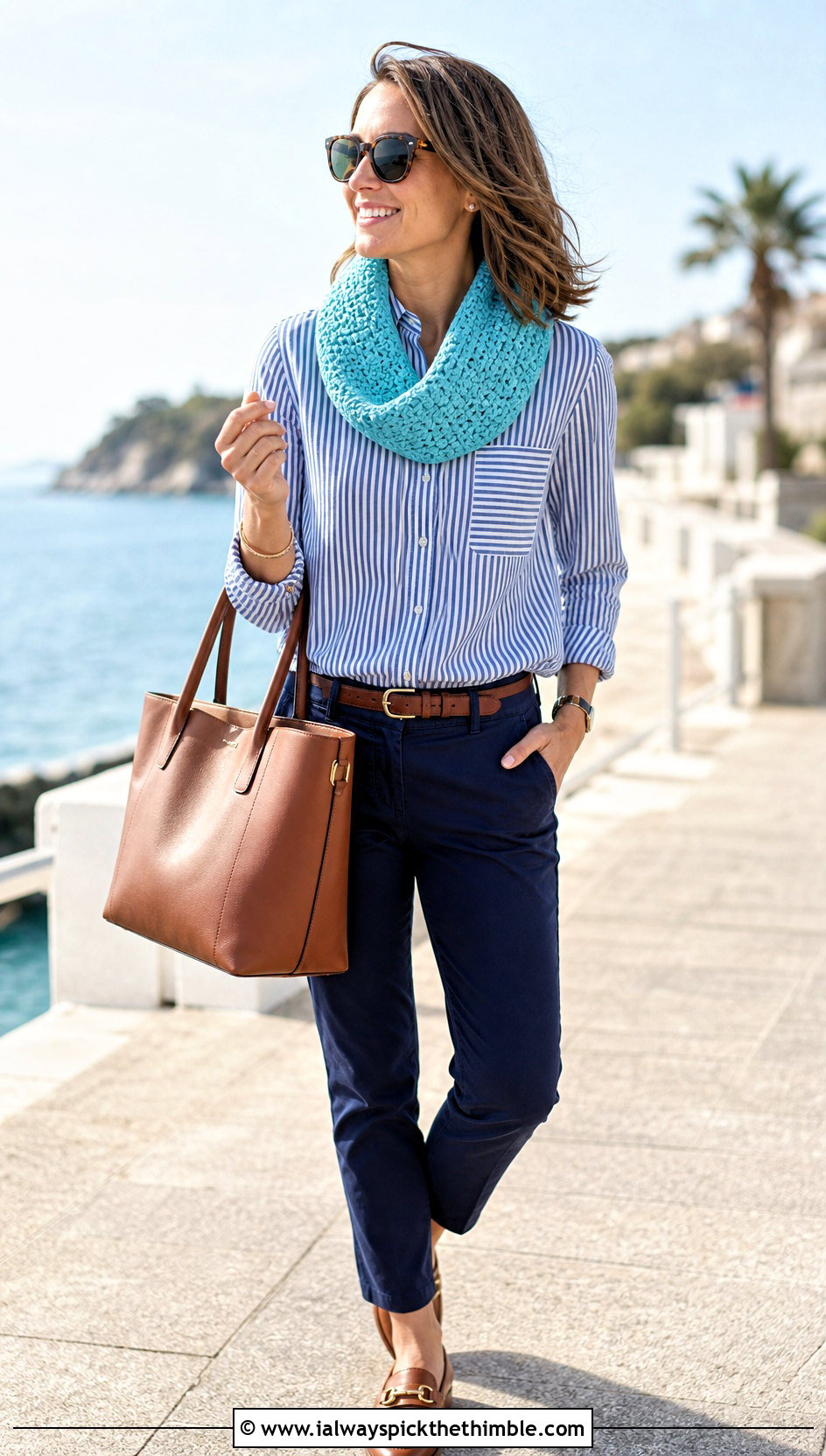 Short Round Crochet Cowl Snood With Striped Shirt - 20 crochet snood scarf outfit ideas