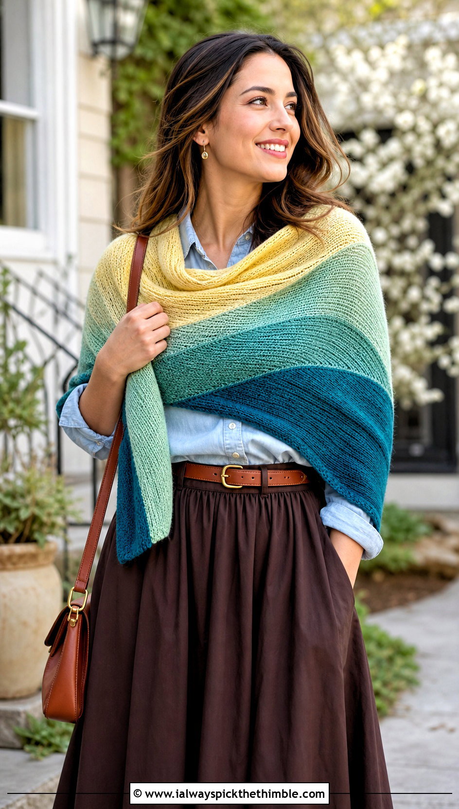 Short Row Fade Shawl With Denim Shirt And Maxi Skirt - 15 Crochet Fade Shawl outfit ideas