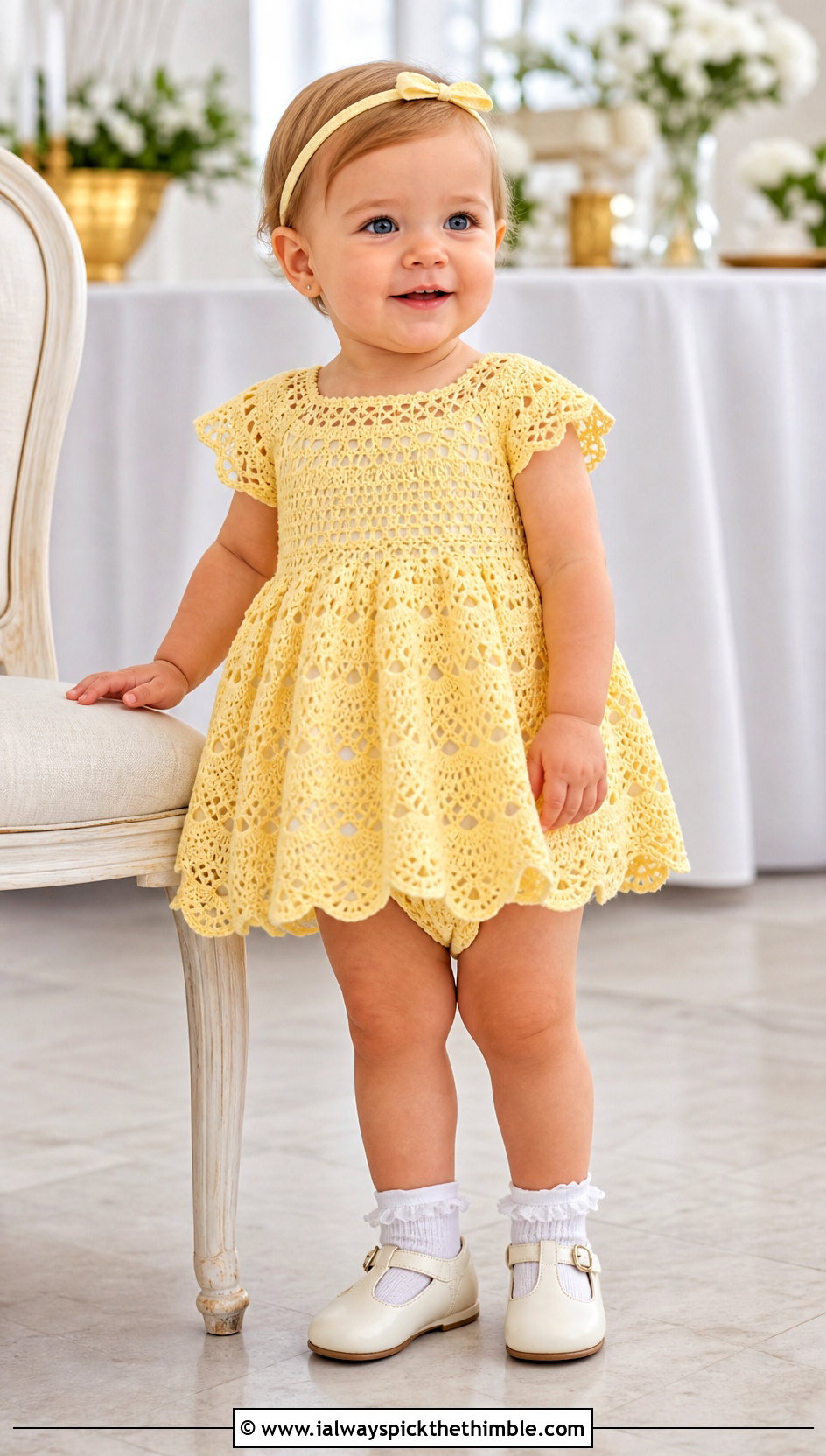 Short Scalloped Crochet Baptism Dress With Bow Headband - 15 crochet baptism dress outfit ideas