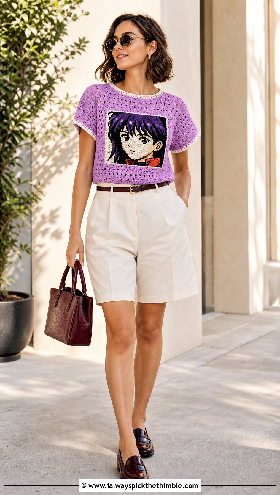 Short Sleeve Anime Crochet Sweater With Tailored Shorts - 20 Anime Crochet Sweater outfit ideas