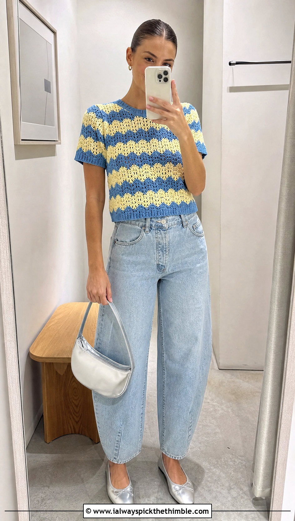 Short Sleeve Chevron Crochet Sweater With Barrel Jeans - 20 Chevron Crochet Sweater outfit ideas