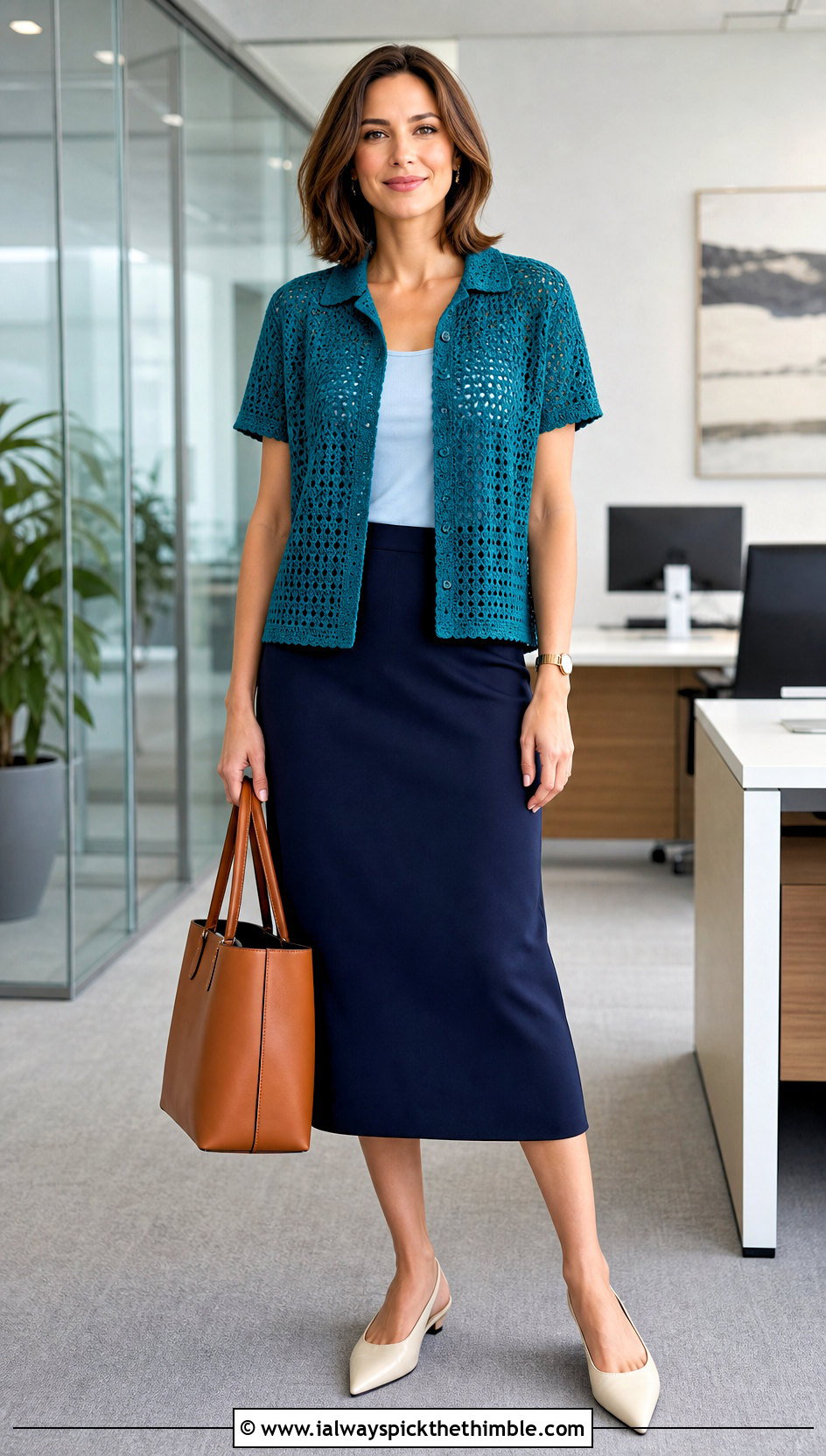 Short Sleeve Collared Crochet Summer Jacket With Column Skirt - 15 crochet summer jacket outfit ideas