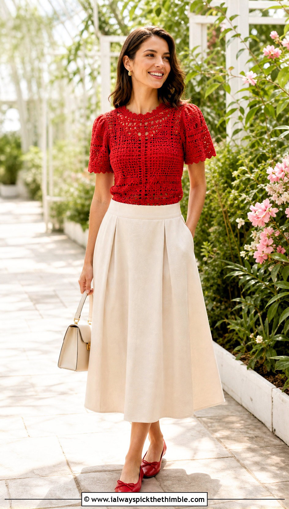 Short Sleeve Crochet Blouse With A Line Skirt - 15 easy crochet tops for women outfit ideas