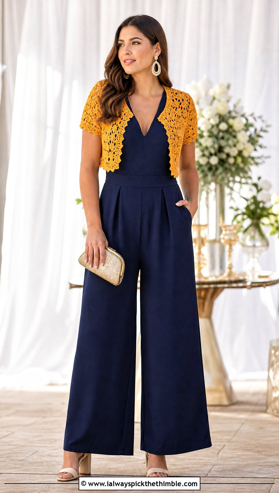 Short Sleeve Crochet Bolero Shrug With Jumpsuit - 20 cute crochet shrug outfit ideas