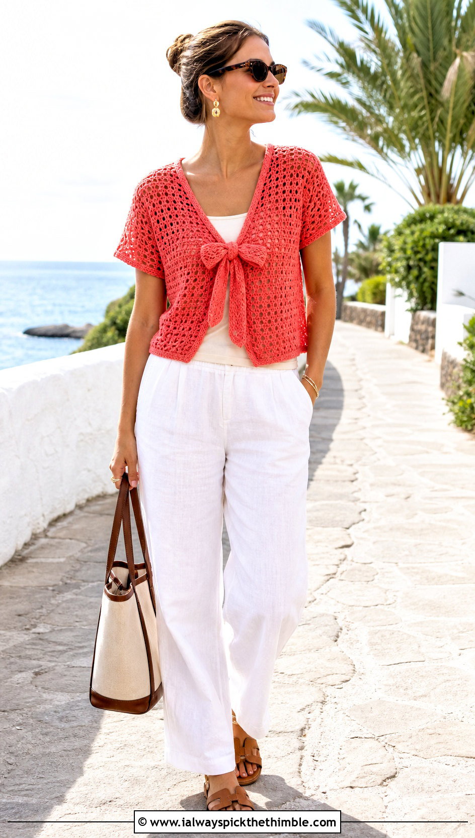 Short Sleeve Crochet Bow Sweater With Linen Pants - 20 crochet bow sweater outfit ideas