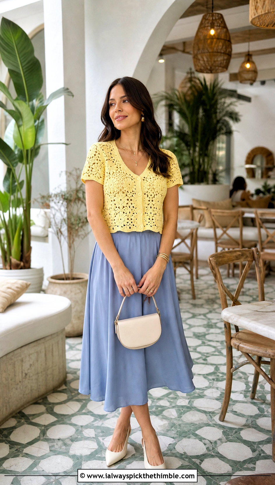 Short Sleeve Crochet Cardigan Top With Midi Skirt - 25 Crochet Top With Buttons outfit ideas