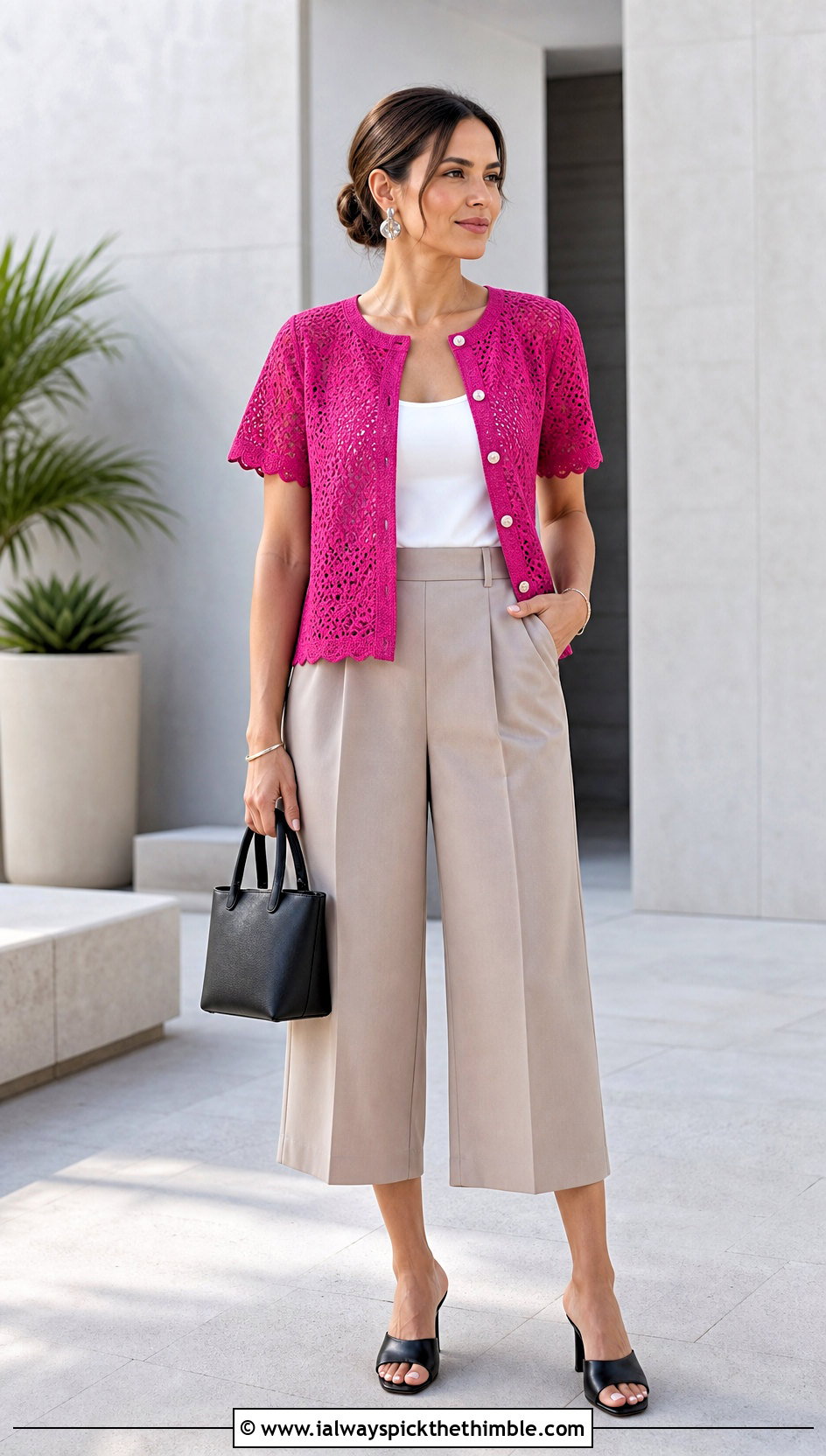 Short Sleeve Crochet Cardigan With Culottes - 20 Modern Crochet Cardigan outfit ideas