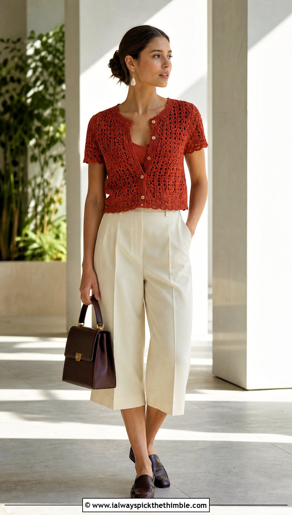 Short Sleeve Crochet Cardigan With Culottes - 20 Simple Crochet Cardigan For Women outfit ideas