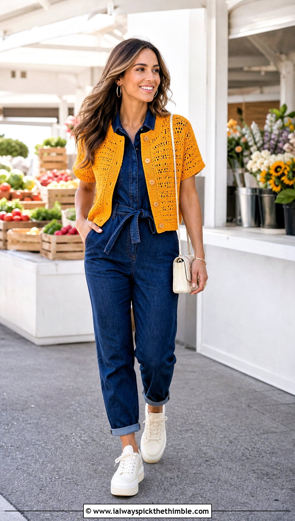 Short Sleeve Crochet Cardigan With Denim Jumpsuit - 20 fast crochet cardigan outfit ideas