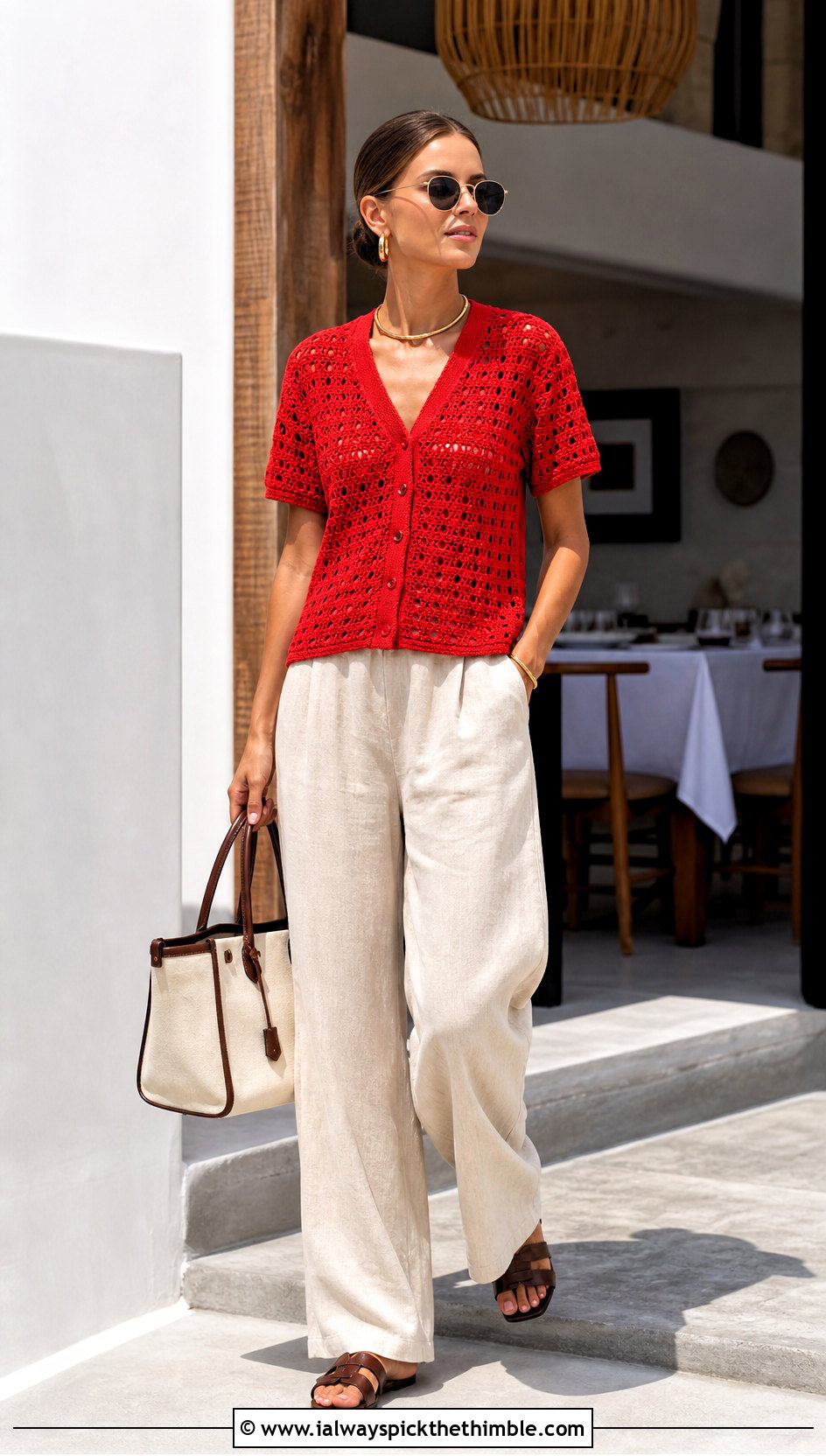 Short Sleeve Crochet Cardigan With Linen Pants - 25 easy crochet cardigan outfit ideas