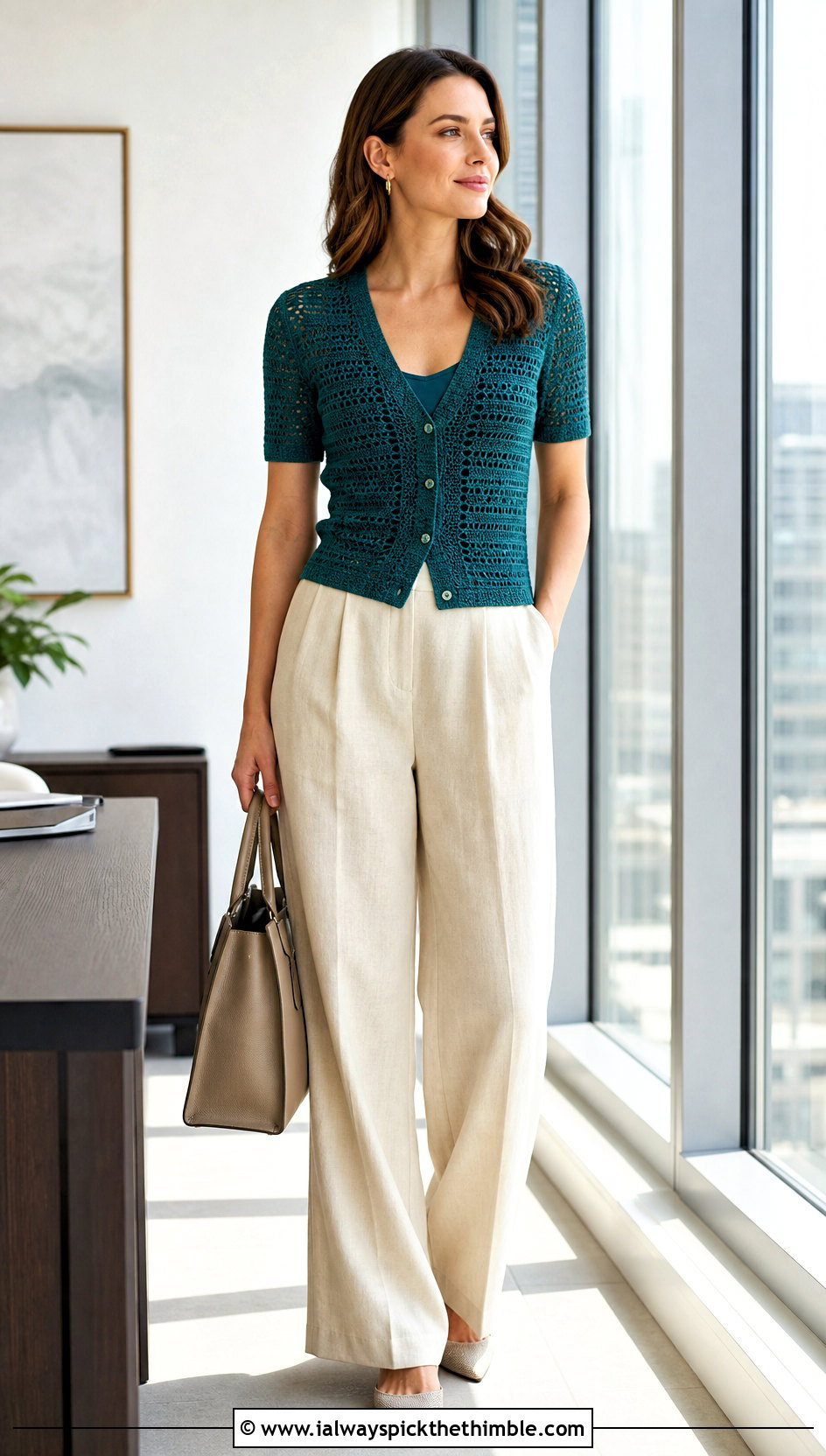 Short Sleeve Crochet Cardigan With Linen Trousers - 15 summer crochet cardigan design outfit ideas