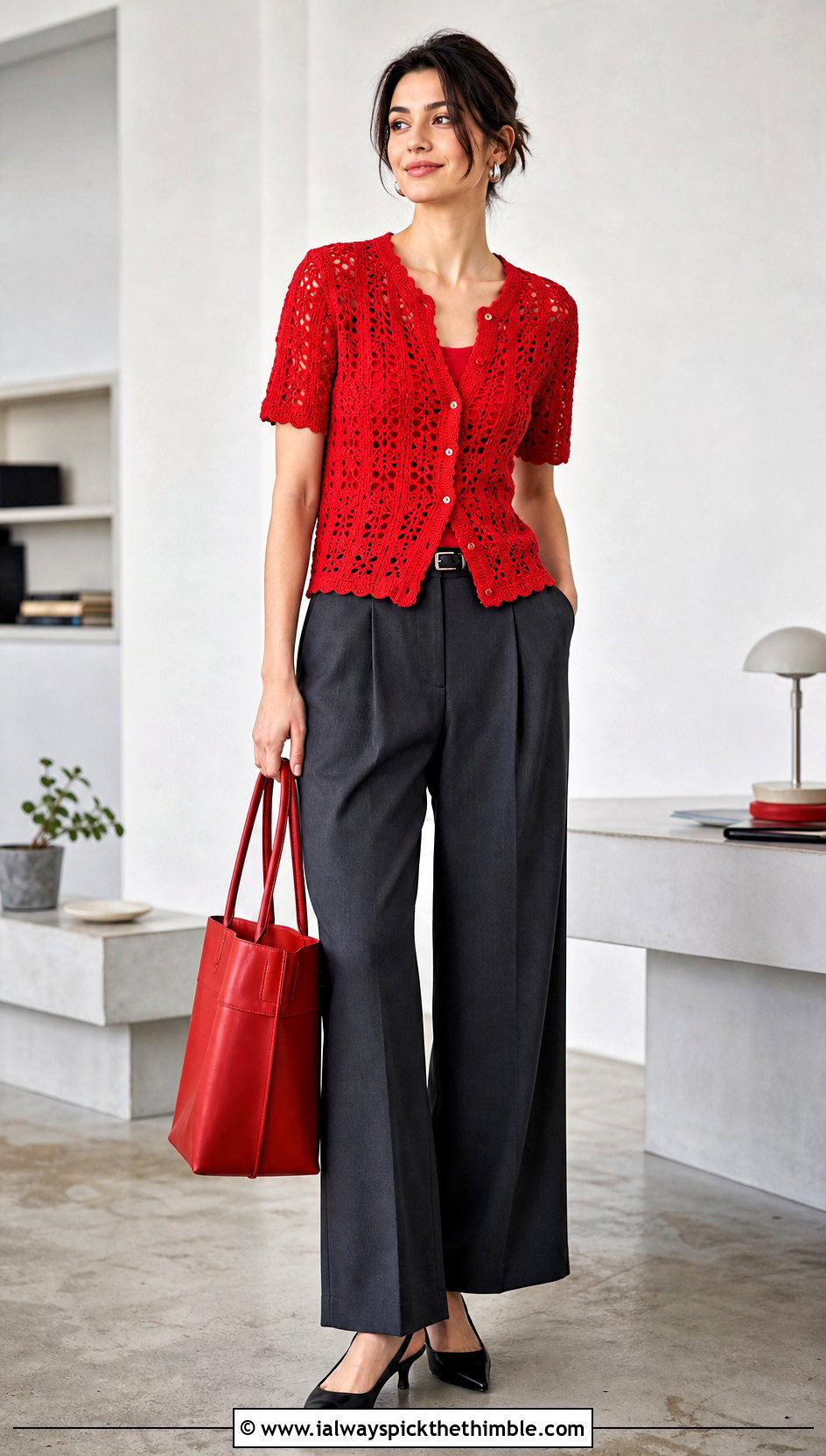 Short Sleeve Crochet Cardigan With Pleated Trousers - 25 crochet summer cardigan outfit ideas