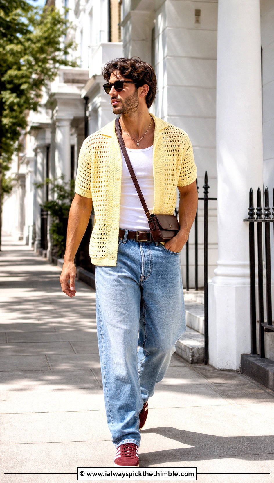 Short Sleeve Crochet Cardigan With Relaxed Jeans - 25 crochet cardigan men outfit ideas