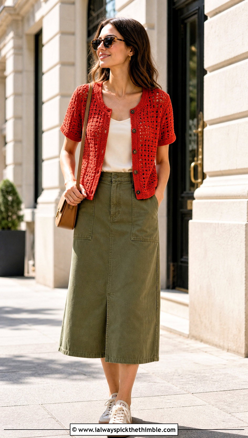 Short Sleeve Crochet Cardigan With Utility Skirt - 20 cute crochet cardigans outfit ideas