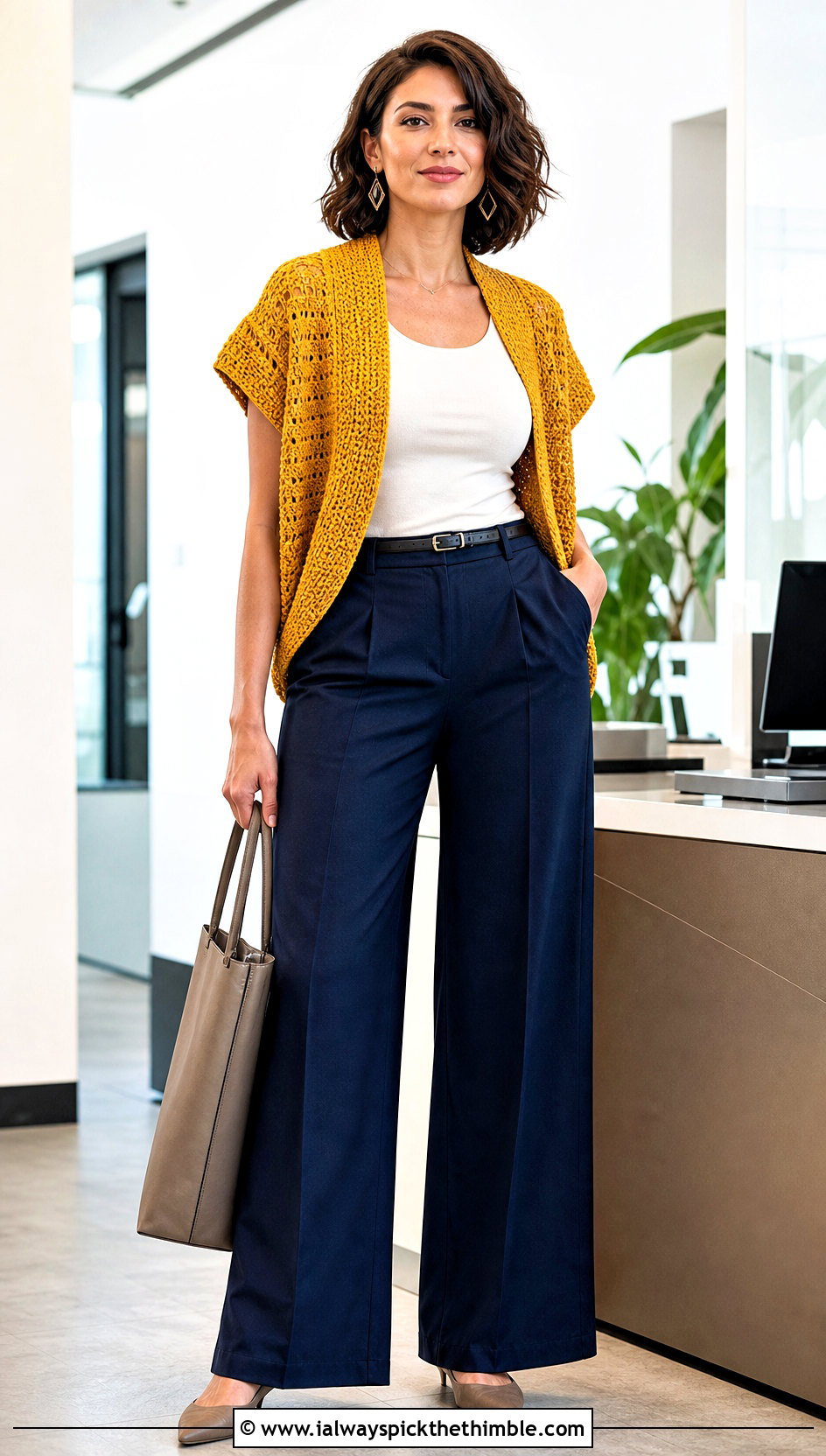 Short Sleeve Crochet Cocoon Shrug With Wide Leg Trousers - 20 crochet cocoon shrug outfit ideas