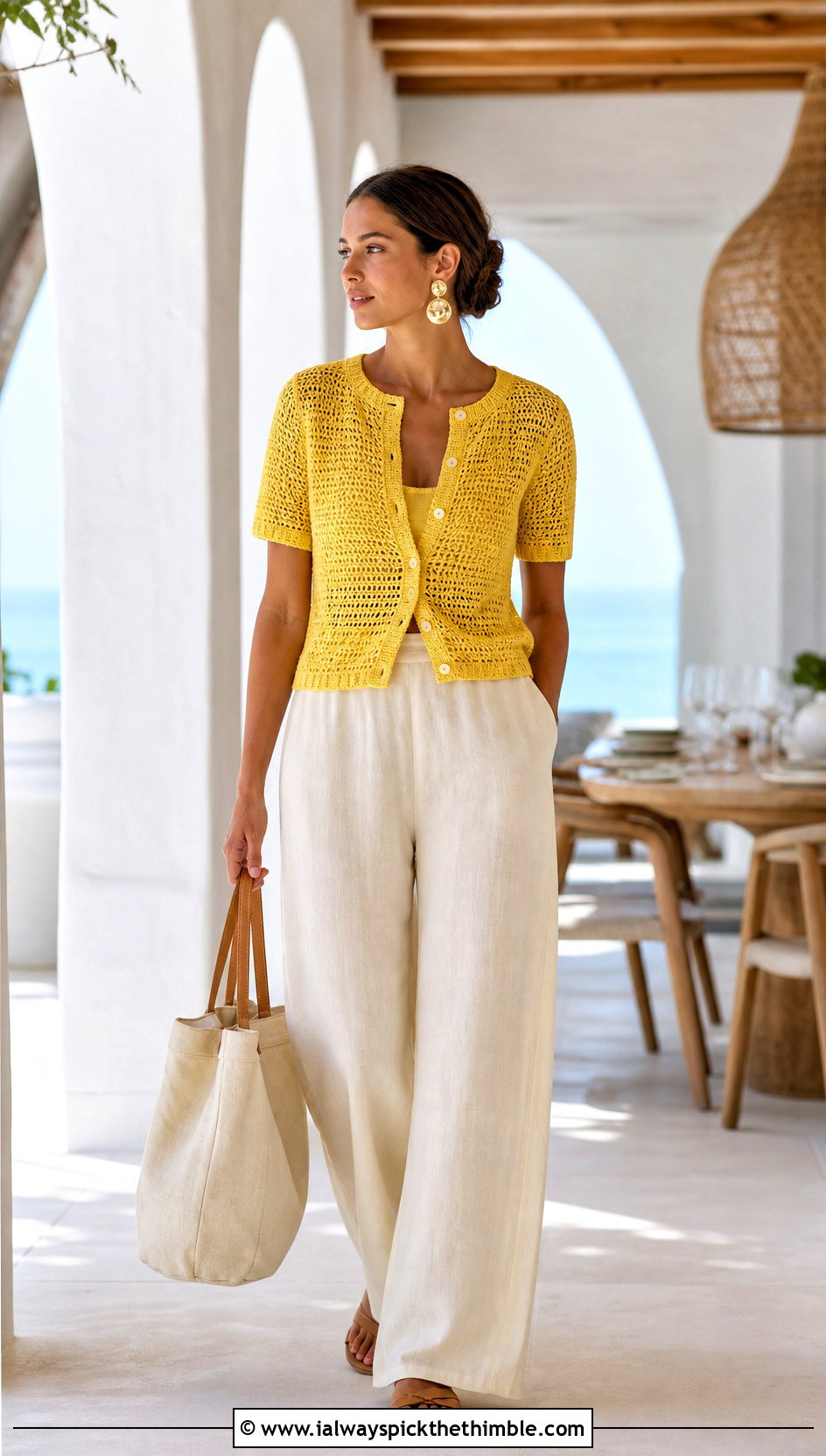 Short Sleeve Crochet Crew Neck Cardigan With Linen Pants - 20 crochet crew neck cardigan outfit ideas
