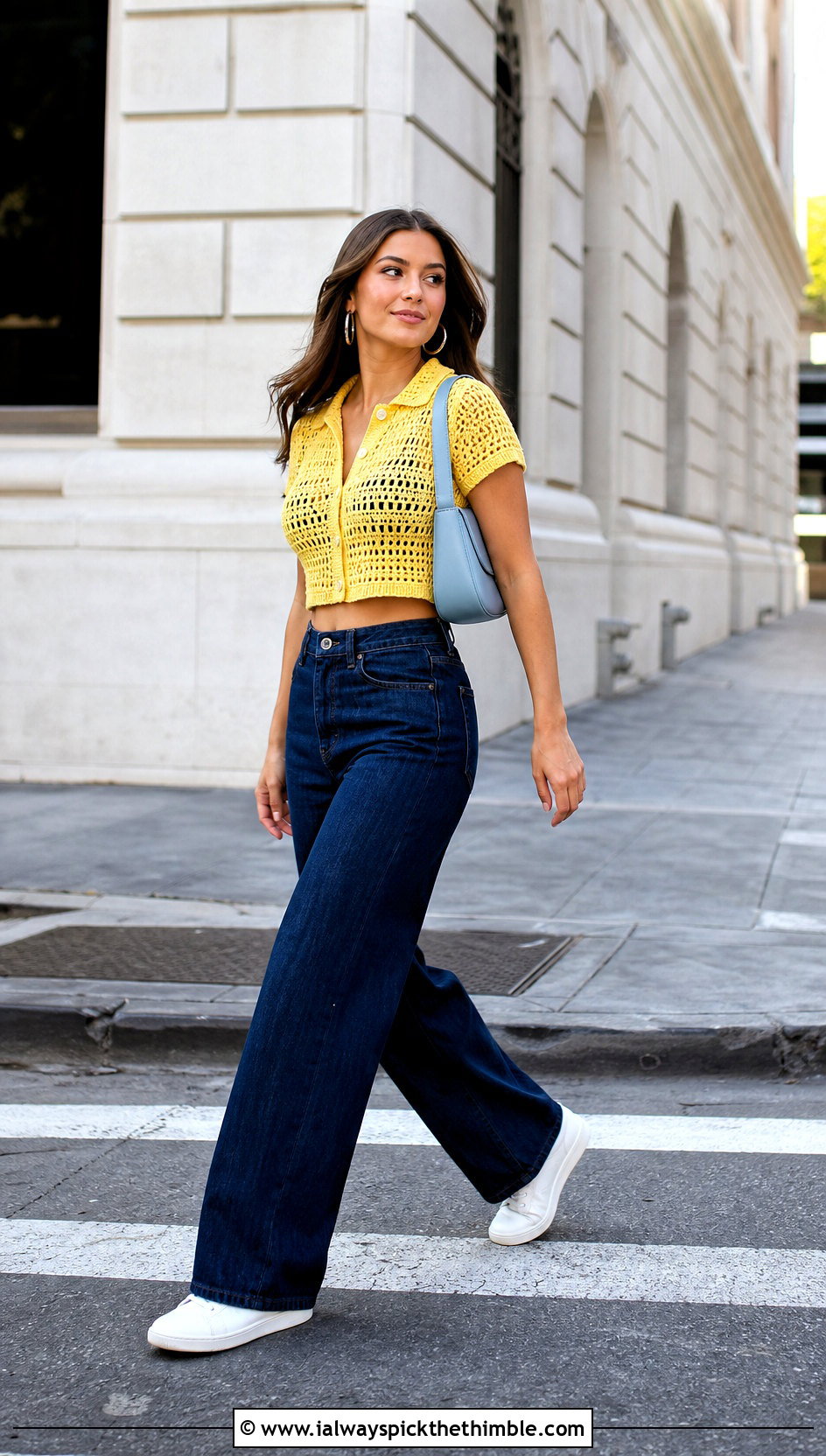 Short Sleeve Crochet Cropped Shirt With Wide Leg Jeans - 20 crochet cropped shirt outfit ideas