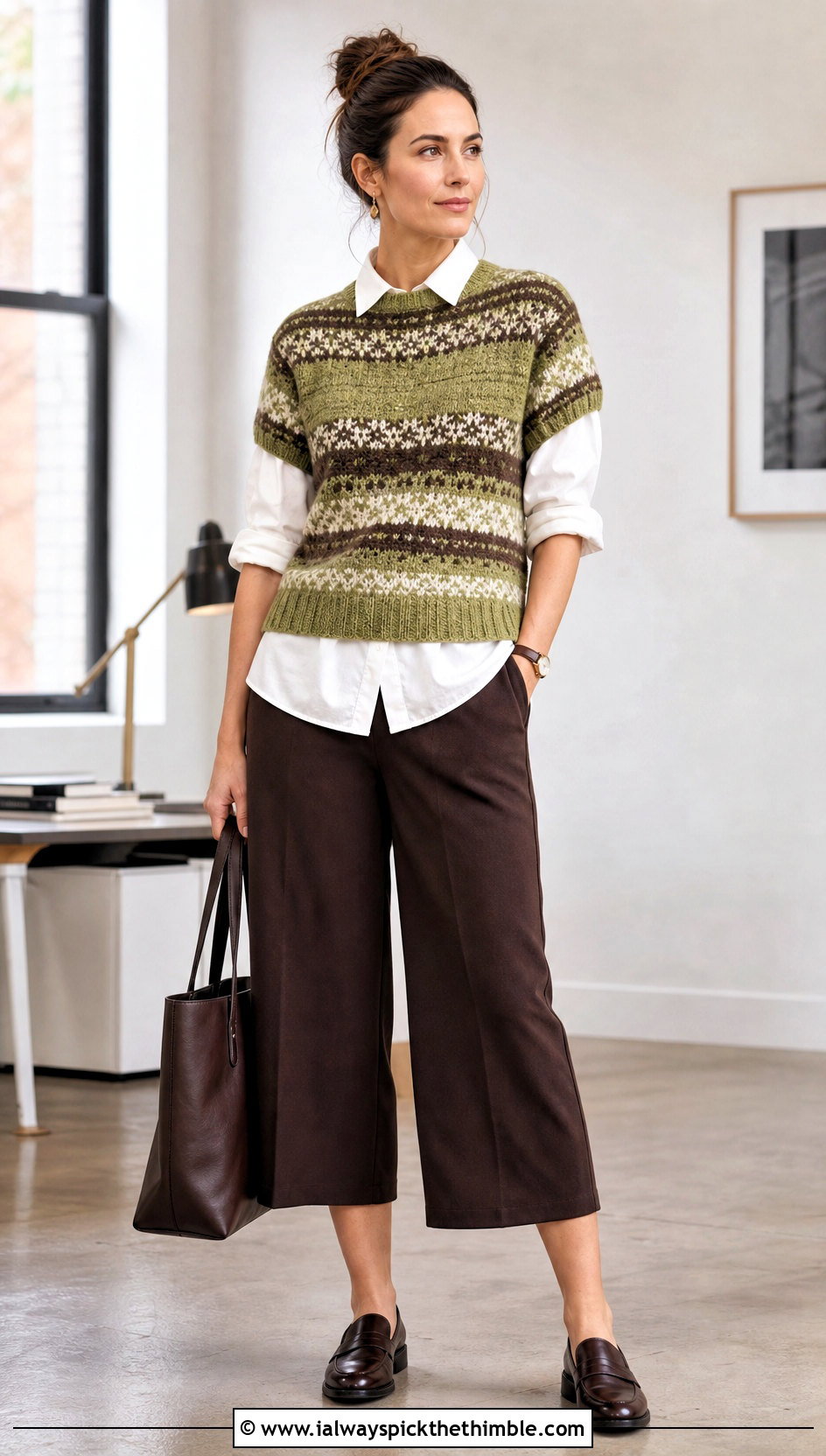 Short Sleeve Crochet Fairisle Sweater With Poplin Shirt And Culottes - 15 Crochet Fairisle Sweater outfit ideas