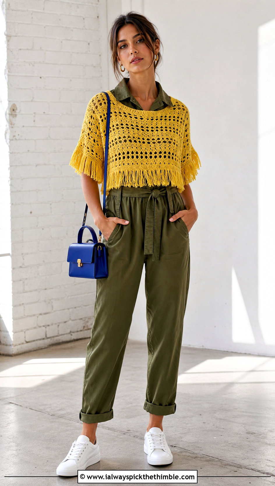 Short Sleeve Crochet Fringe Sweater With Utility Jumpsuit - 20 Crochet Fringe Sweater outfit ideas