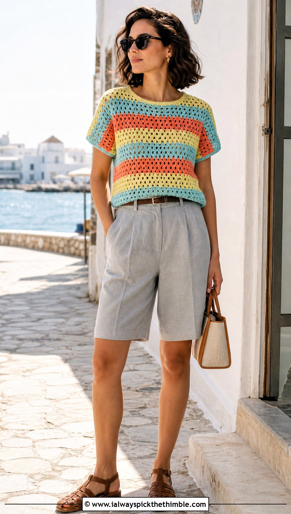 Short Sleeve Crochet Granny Stripe Sweater With Bermuda Shorts - 20 Crochet Granny Stripe Sweater outfit ideas