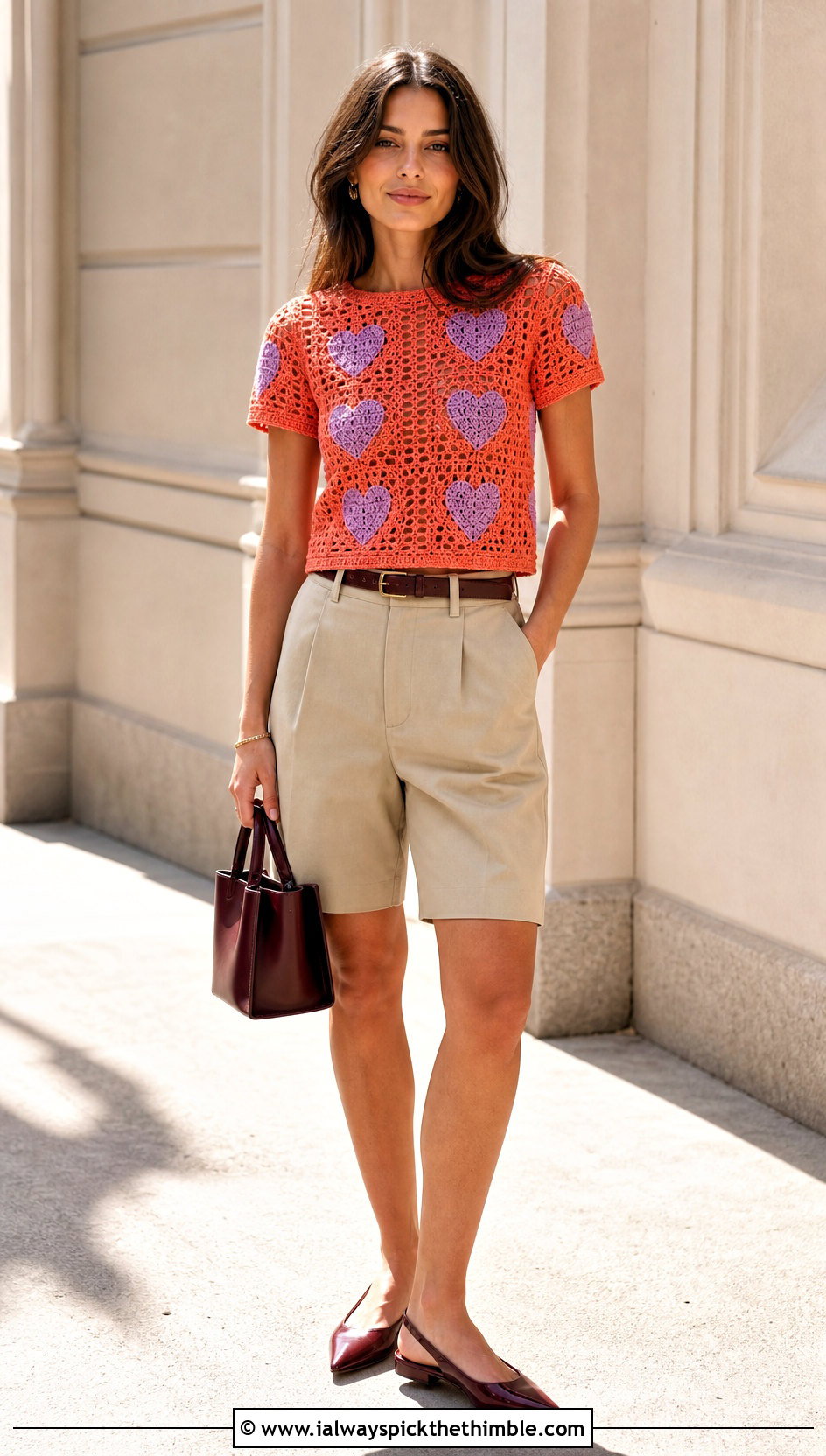 Short Sleeve Crochet Heart Sweater With Bermuda Shorts - 25 crochet heart sweater outfit ideas