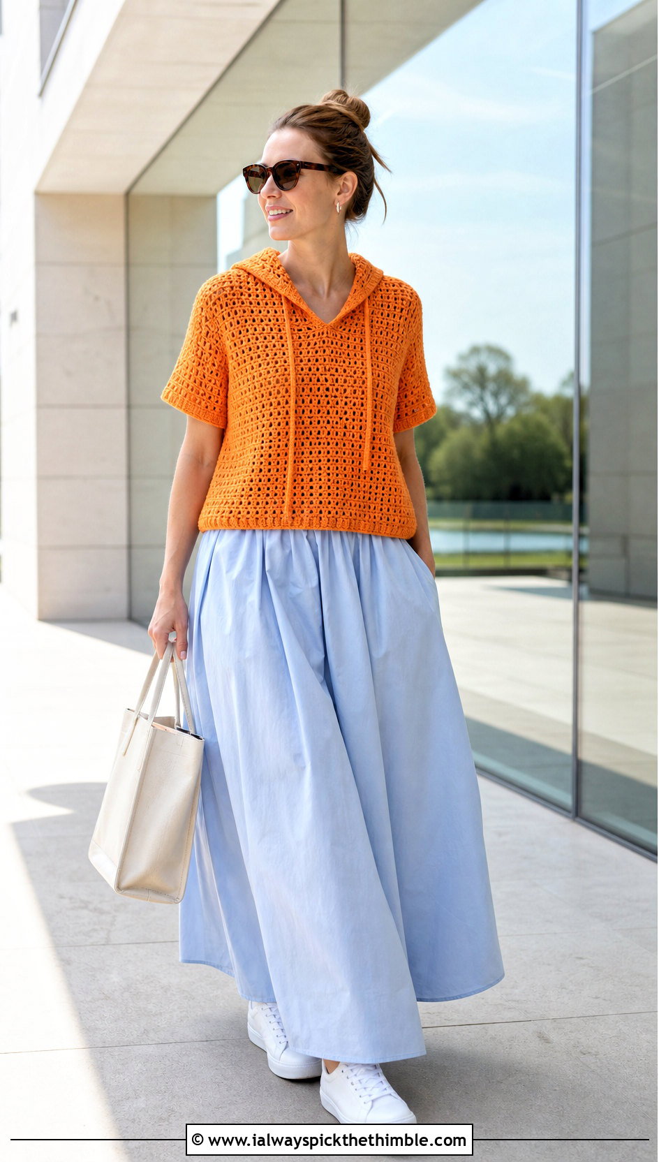 Short Sleeve Crochet Hoodie With Poplin Maxi Skirt - 25 crochet hoodie outfit ideas