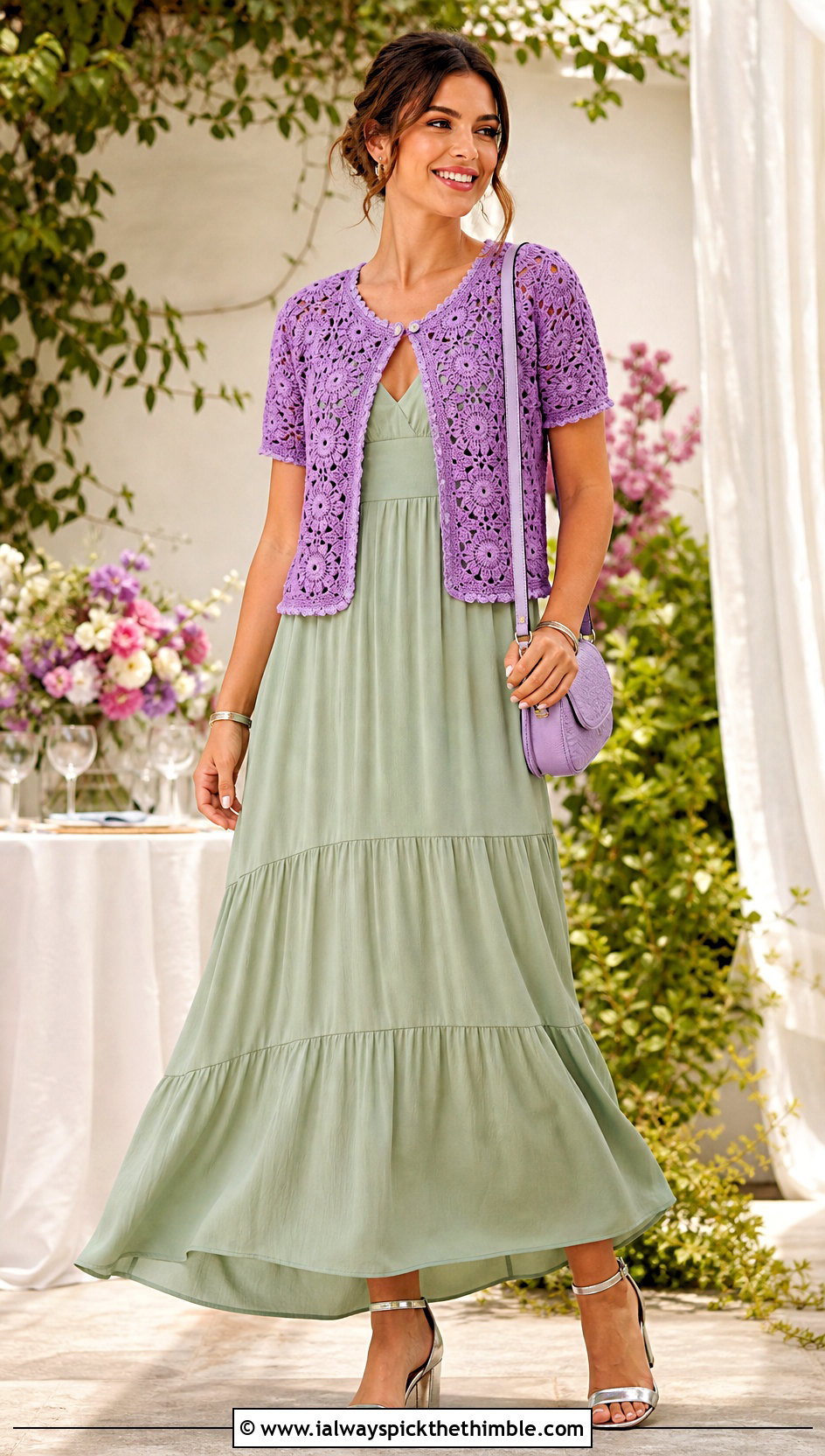 Short Sleeve Crochet Jacket With Maxi Dress - 20 crochet jacket for ladies outfit ideas