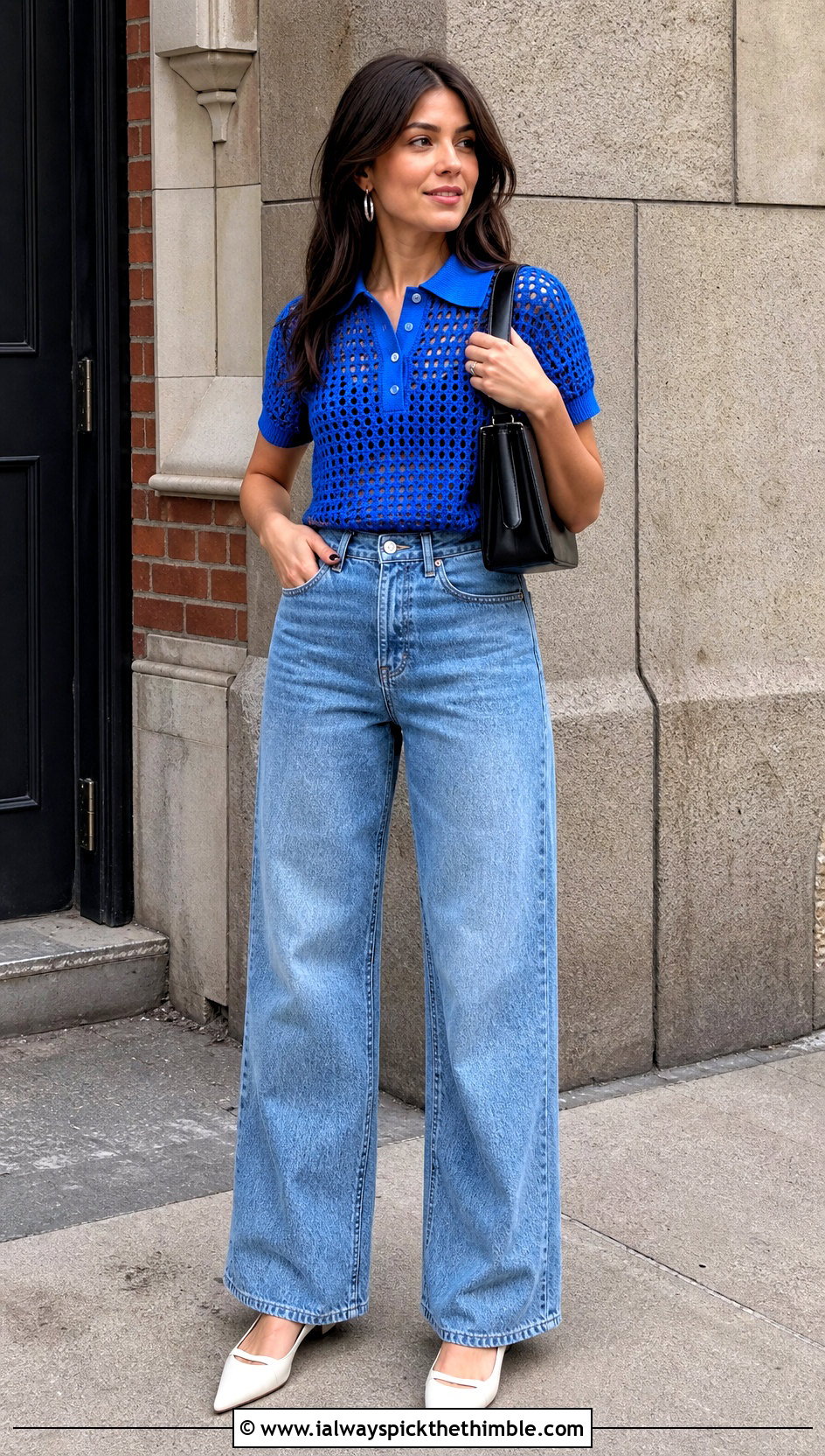 Short Sleeve Crochet Polo Shirt With Wide Leg Jeans - 25 crochet polo shirt outfit ideas