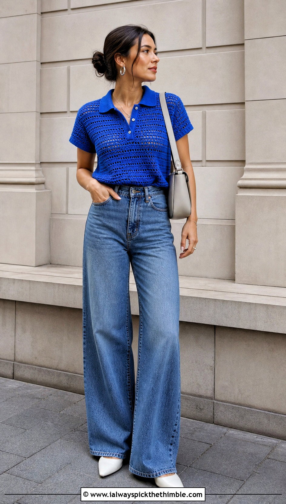 Short Sleeve Crochet Polo Shirt With Wide Leg Jeans - 20 women crochet polo shirt outfit ideas