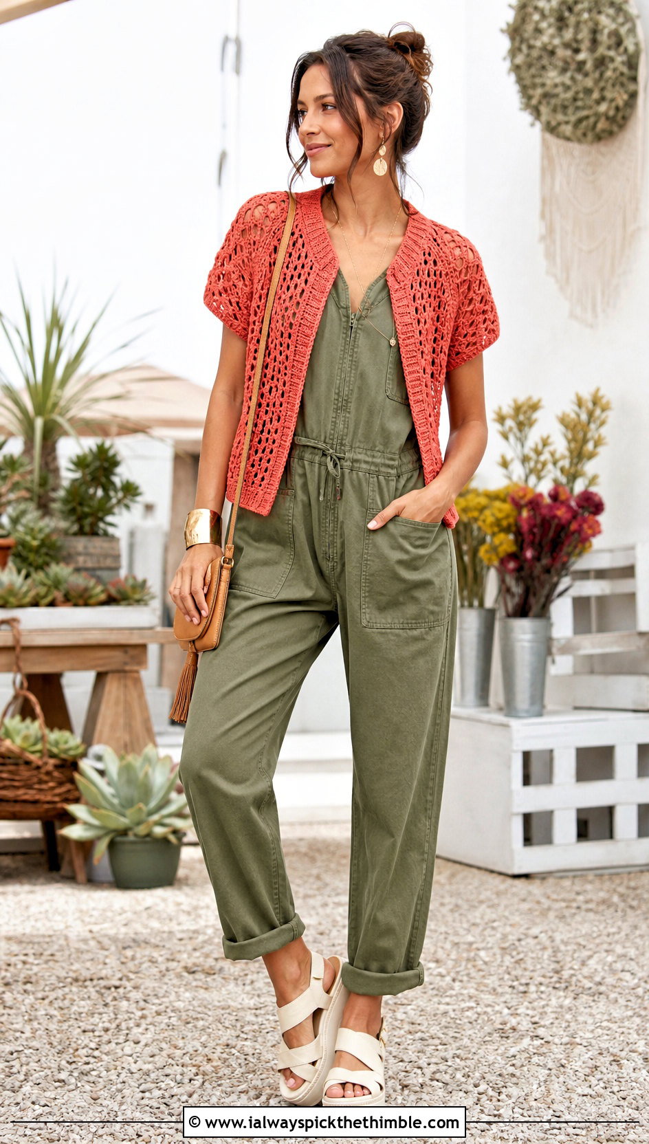 Short Sleeve Crochet Raglan Jacket With Utility Jumpsuit - 15 crochet raglan jacket outfit ideas