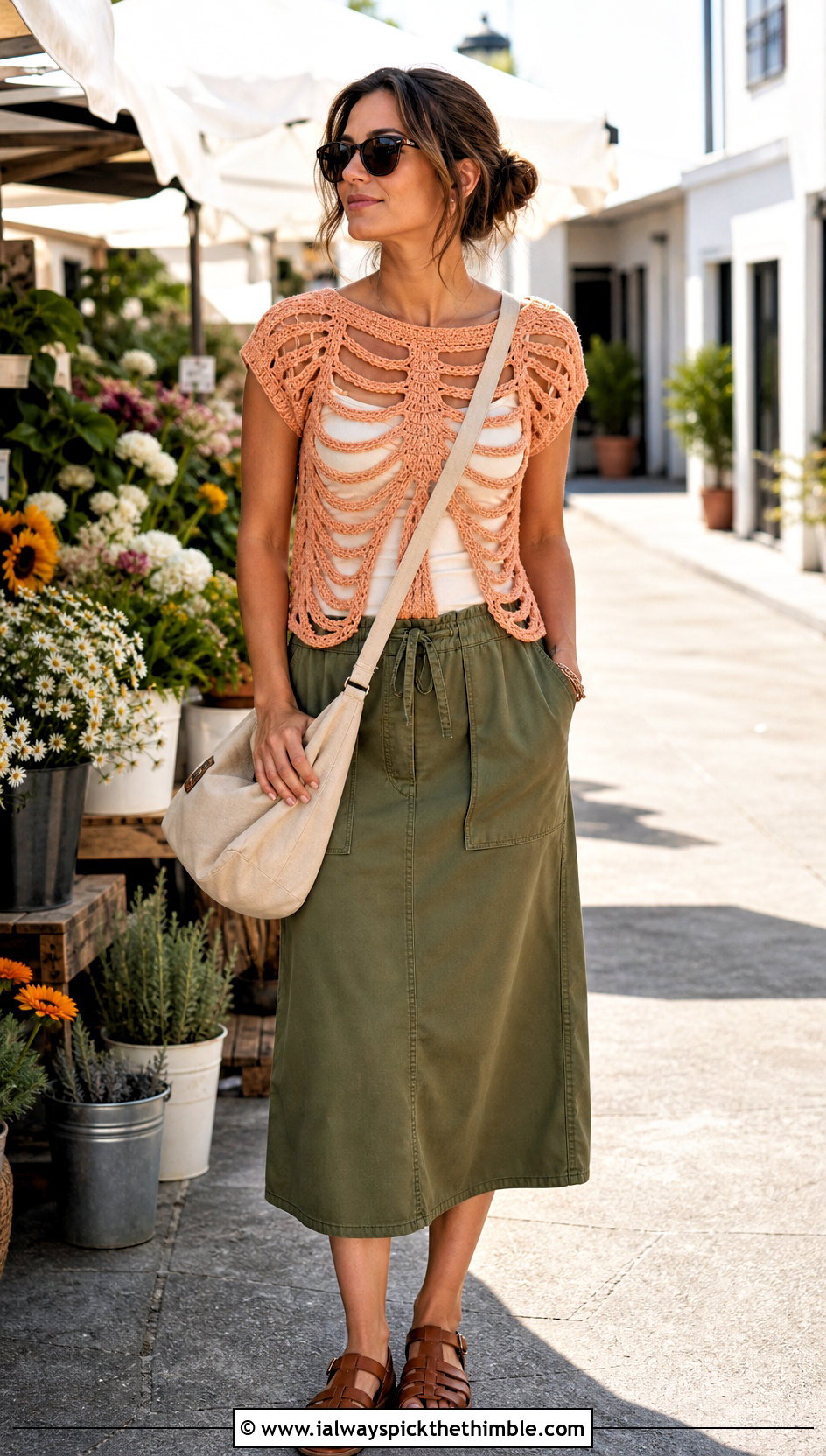 Short Sleeve Crochet Skeleton Sweater With Utility Midi Skirt - 20 Crochet Skeleton Sweater outfit ideas