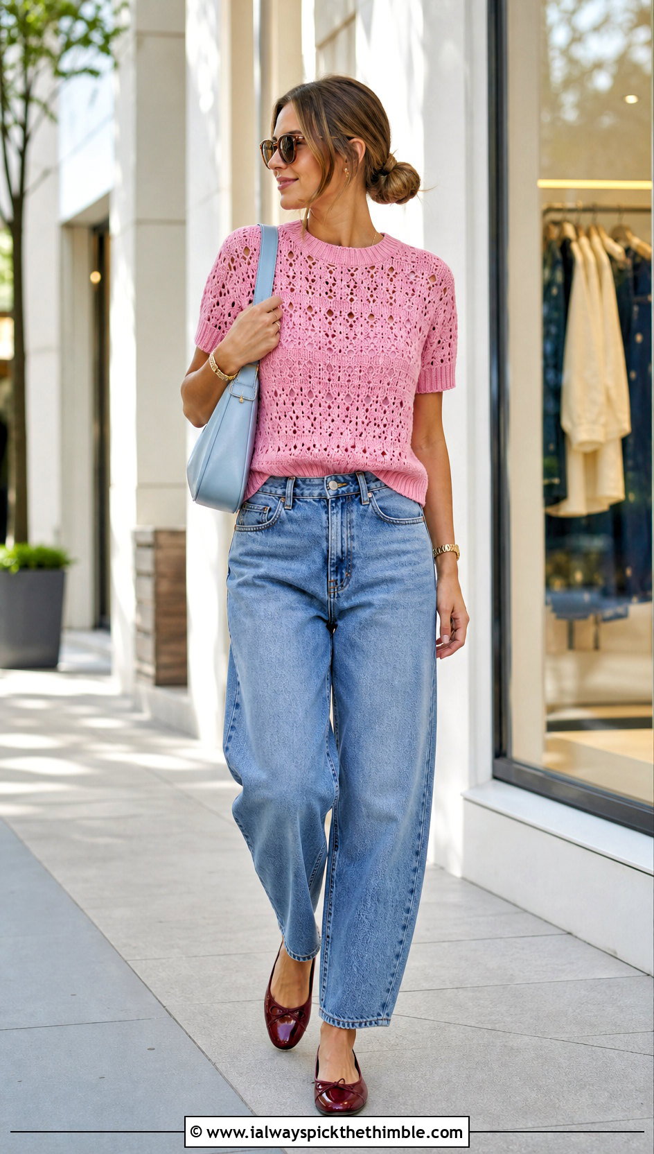 Short Sleeve Crochet Sweater With Barrel Jeans - 20 cool crochet sweater outfit ideas