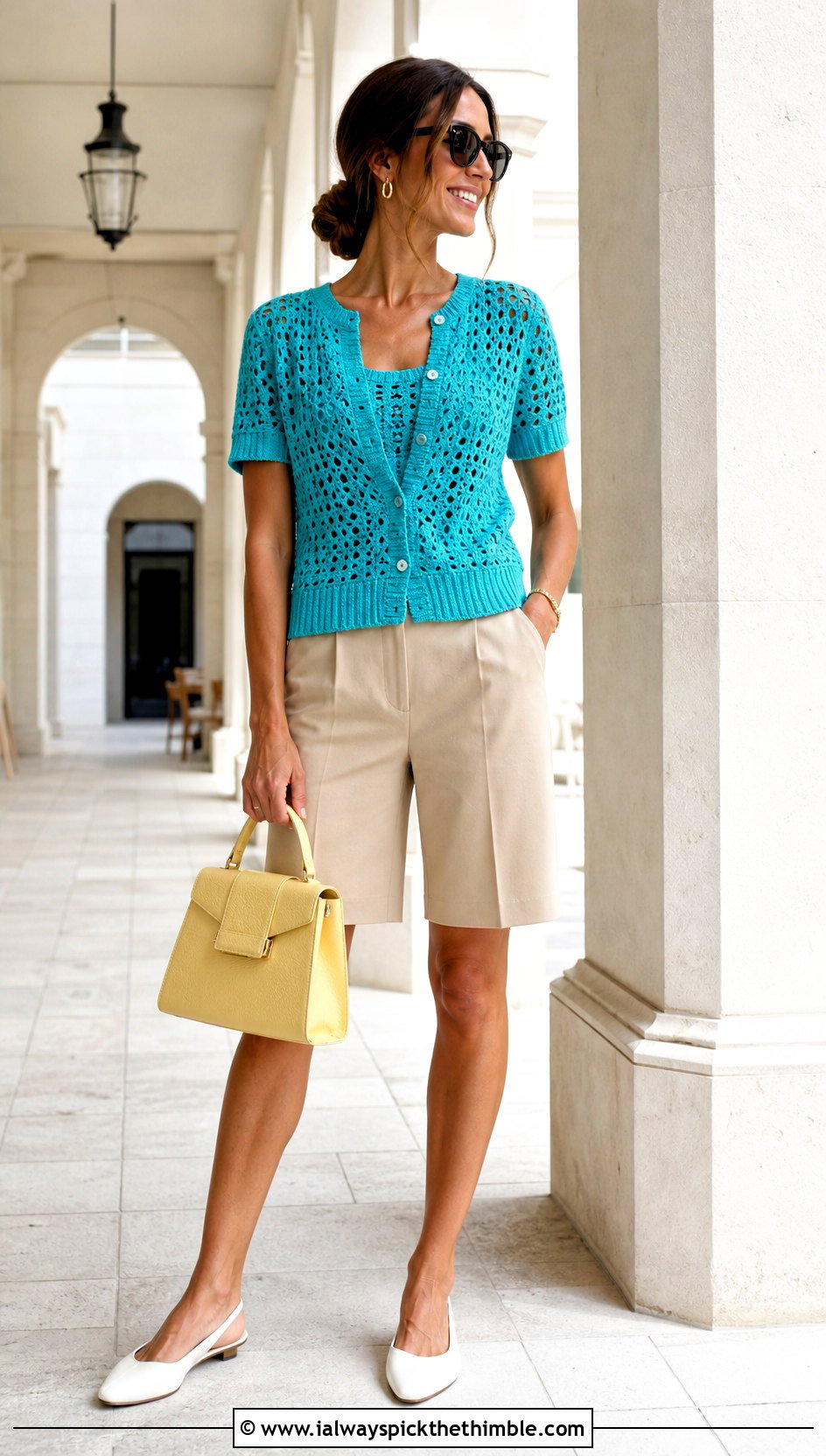 Short Sleeve Crochet Sweater With Bermuda Shorts - 20 crochet sweater inspiration outfit ideas
