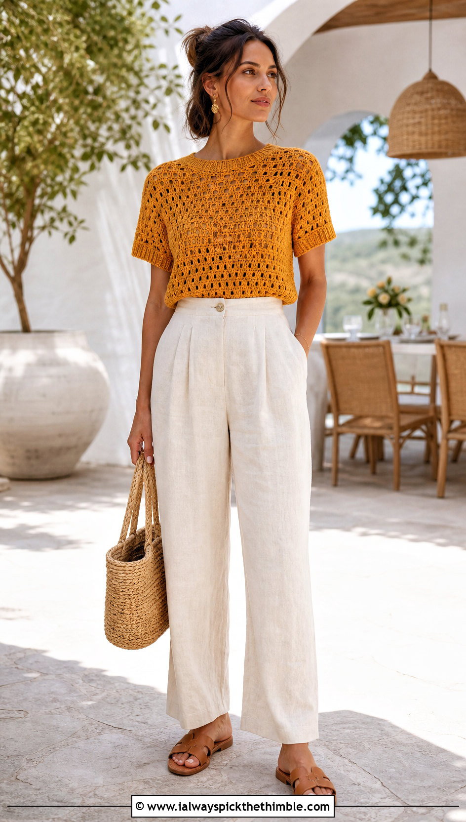 Short Sleeve Crochet Sweater With Linen Pants - 25 crochet sweaters outfit ideas
