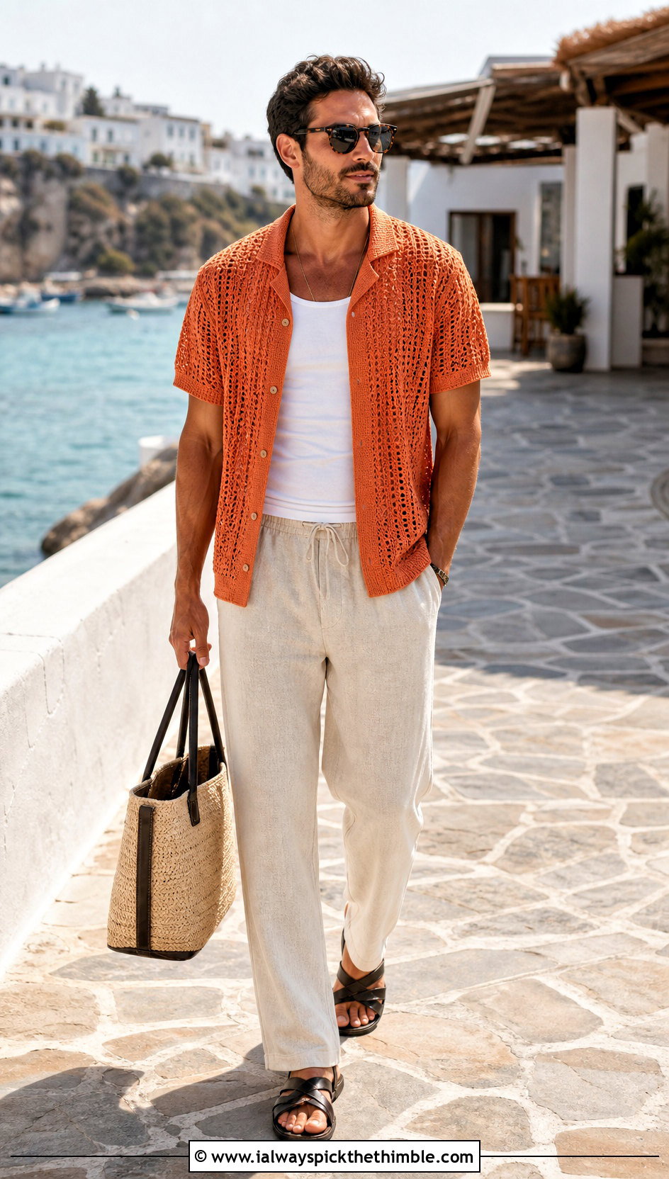 Short Sleeve Crochet Sweater With Linen Pants - 25 men's crochet sweater ideas