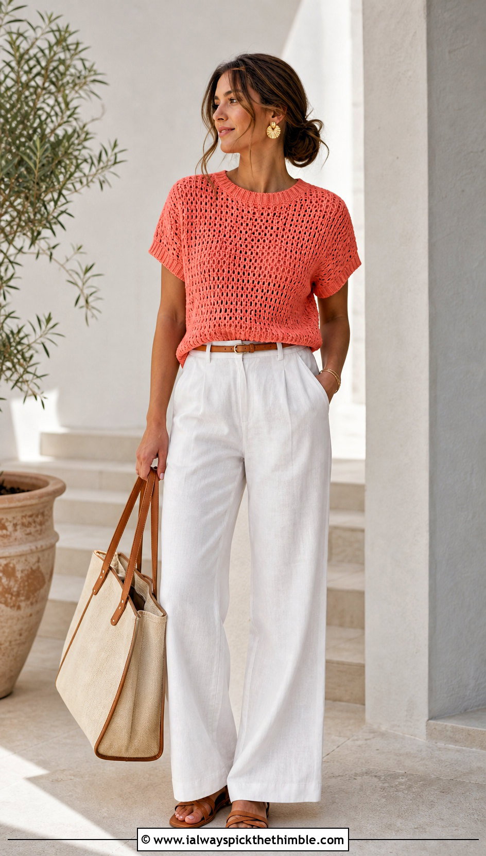 Short Sleeve Crochet Sweater With Linen Pants - 15 Simple Crochet Sweater Design outfit ideas